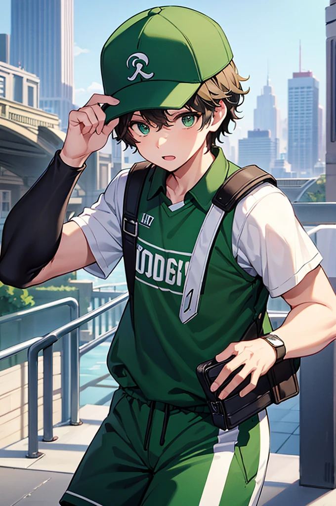 music cover with a man with green eyes and short wavy hair wearing a straight brim hat from the bucks basketball team floating in the air with a phone in his hand with a background of a city with people and buildings