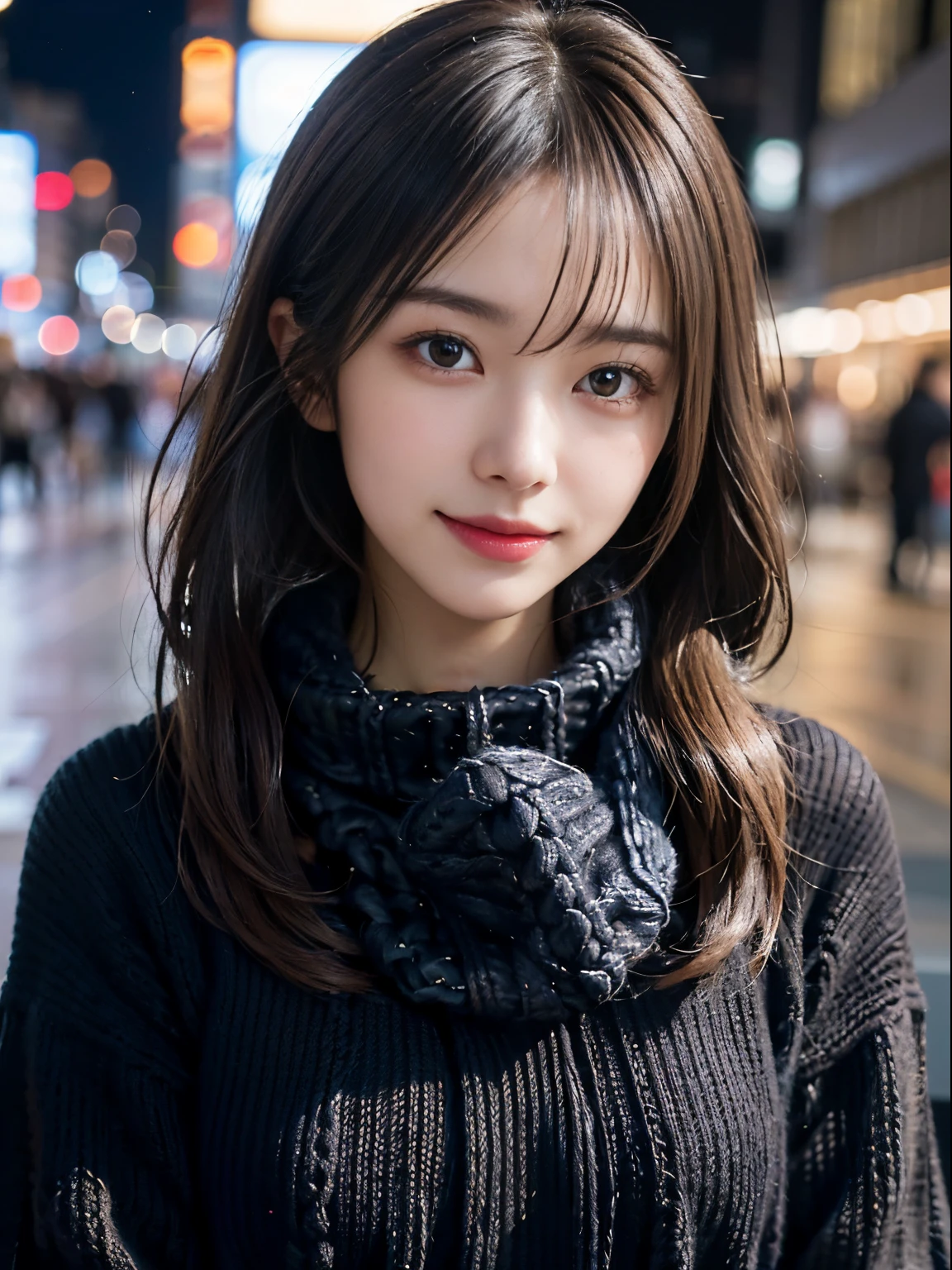 1 japanese girl,(Black sweater:1.4),(She wears a knitted snood around her neck to hide her chin..................:1.5), (Raw photo, Best Quality), (Realistic, Photorealsitic:1.4), masutepiece, extremely delicate and beautiful, Extremely detailed, 8k wallpaper, amazing, finely detail, extremely detailed CG Unity, hight resolution, Soft light, Beautiful detailed 19 year old, extremely detailed eye and face, beautiful detailed nose, Beautiful detailed eyes,Cinematic lighting,city light at night,Perfect Anatomy,Slender body,Smiling  (hair messy, asymmetrical bangs, light brown hair,)