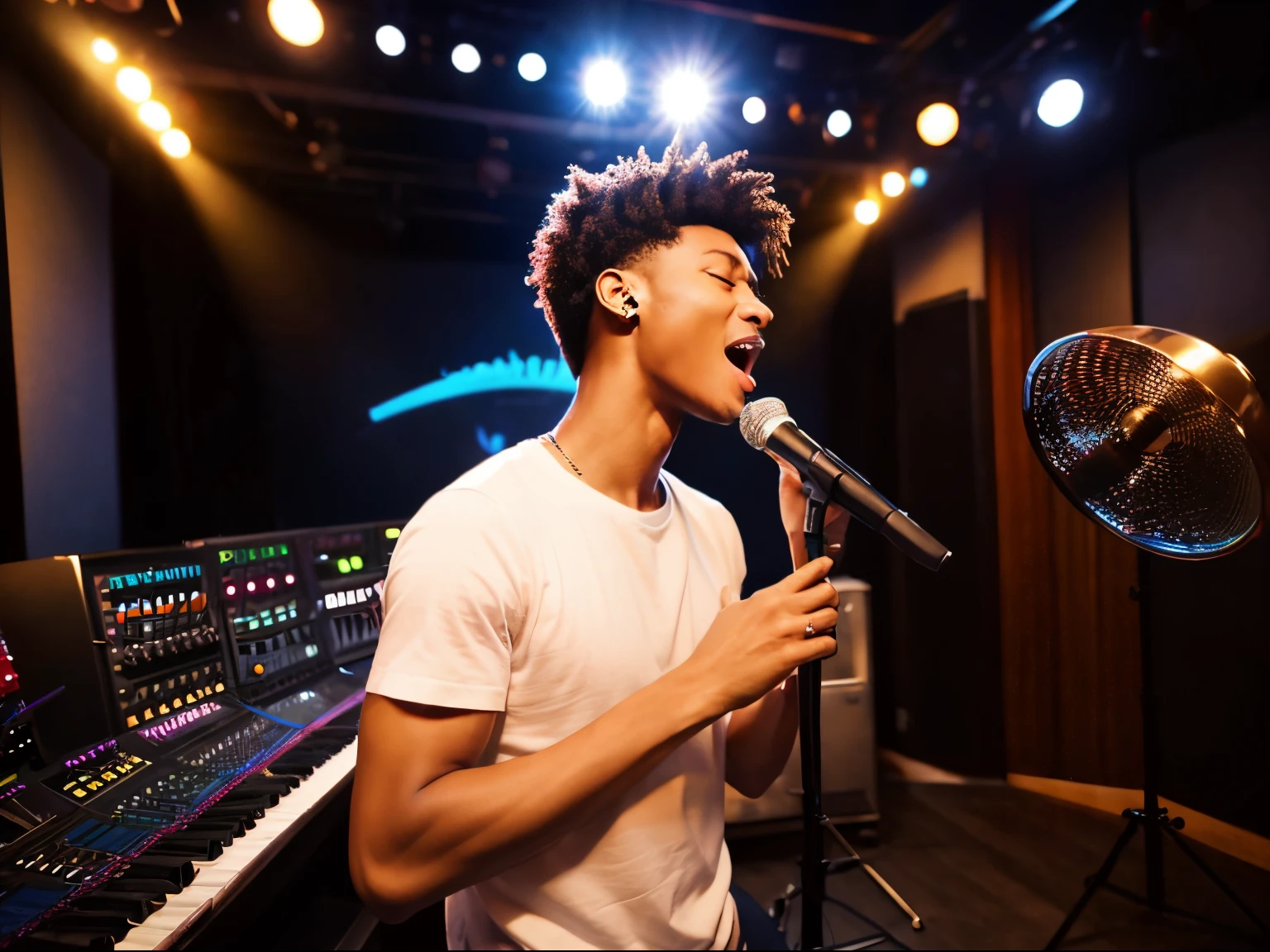A man practicing a cappella in a recording studio、realistic mouth、A hyper-realistic、Put your hands on your stomach、sings、from the nose down:2.0、独奏
