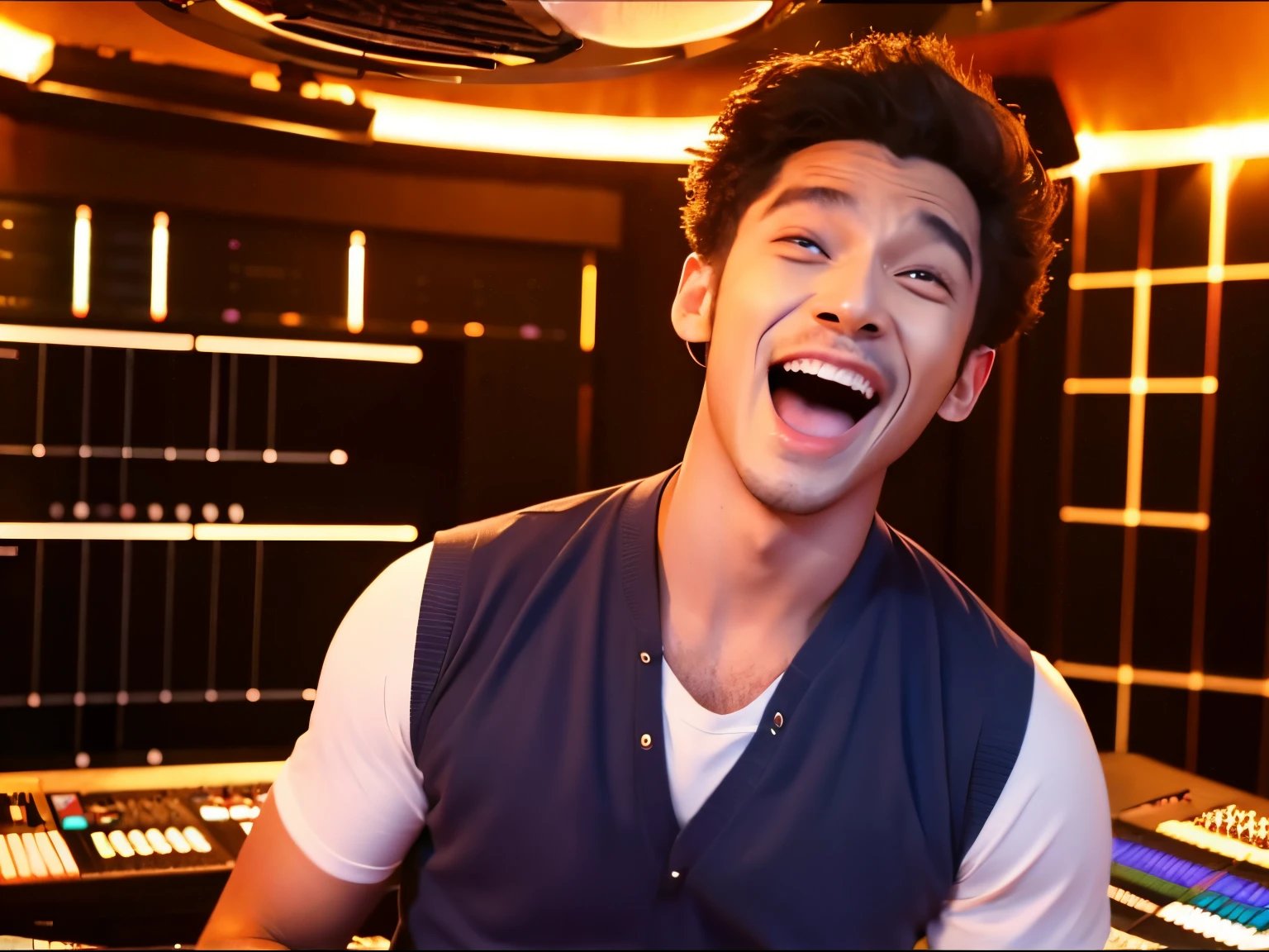 A man practicing a cappella in a recording studio、realistic mouth、A hyper-realistic、Put your hands on your stomach、sings、from the nose down:2.0、独奏