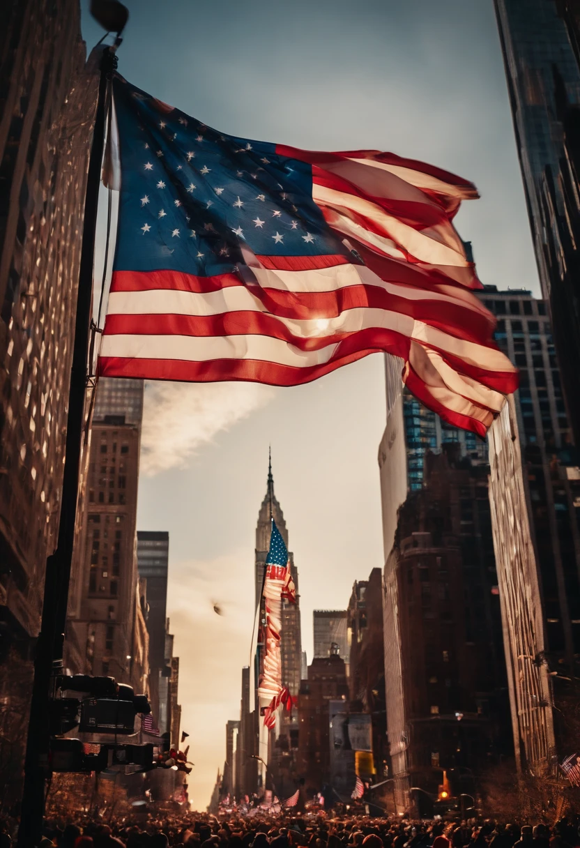 A missile explodes over New York、up in the sky"Happy New Year"A large flag and countless American flags fly out.