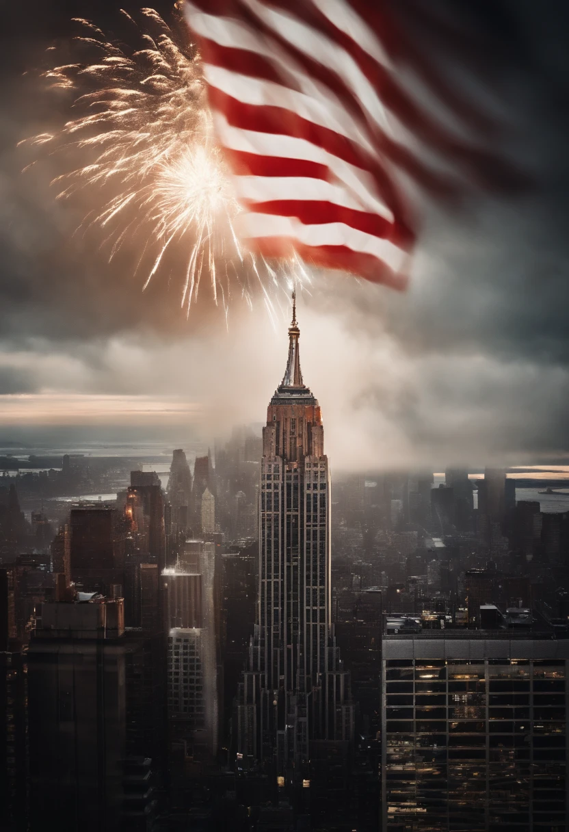 A missile explodes over New York、up in the sky"Happy New Year"A large flag and countless American flags fly out.