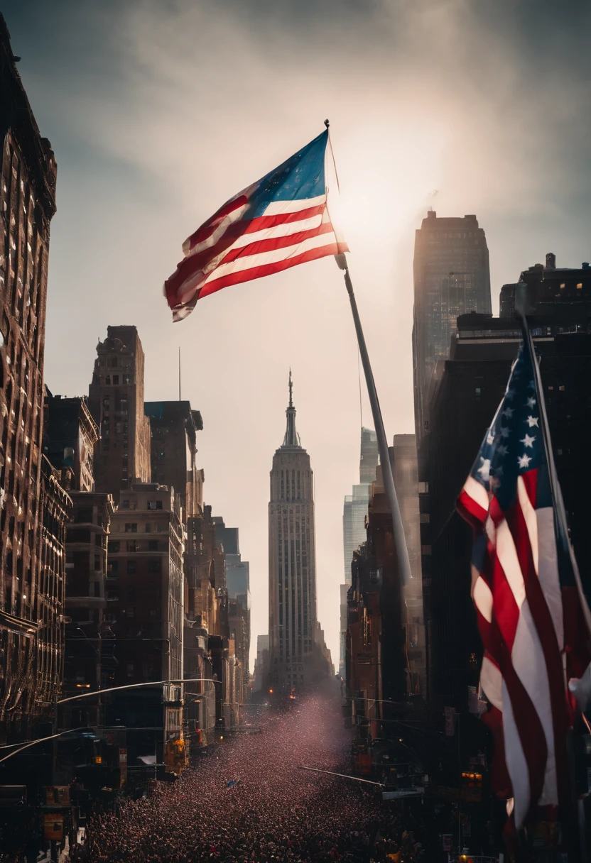 A missile explodes over New York、up in the sky"Happy New Year"A large flag and countless American flags fly out.