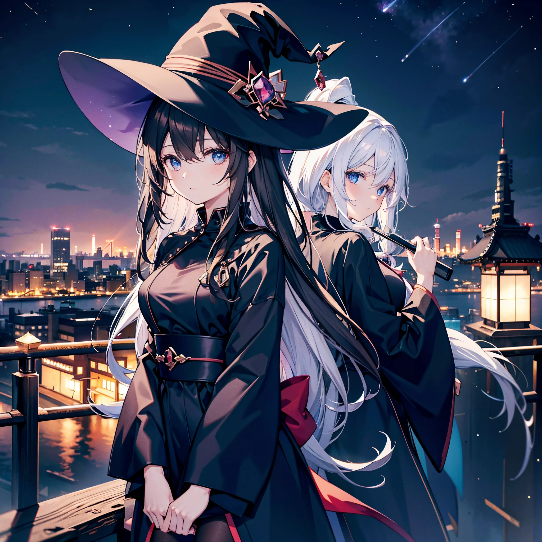 This is the rooftop of a building in Tokyo.、You can see the night view of Tokyo and the lights of Tokyo's port in the background.、I can see a meteor shower、There are two adult women, A and B, leaning on a fence.、A is a woman with white hair wearing a large black witch hat with sapphire accessories、B is a woman with dark brown hair wearing a large black witch hat with garnet accessories、witch's hat、blue eyes、wearing a black coat、Black stockings、Black spats、Two-dimensional illustration、Japan Anime、drawn by Japanese ilastrator、high-level image quality、4K picture quality、High Quality、hight resolution、5 million pixels、high détails、beatiful backgrounds