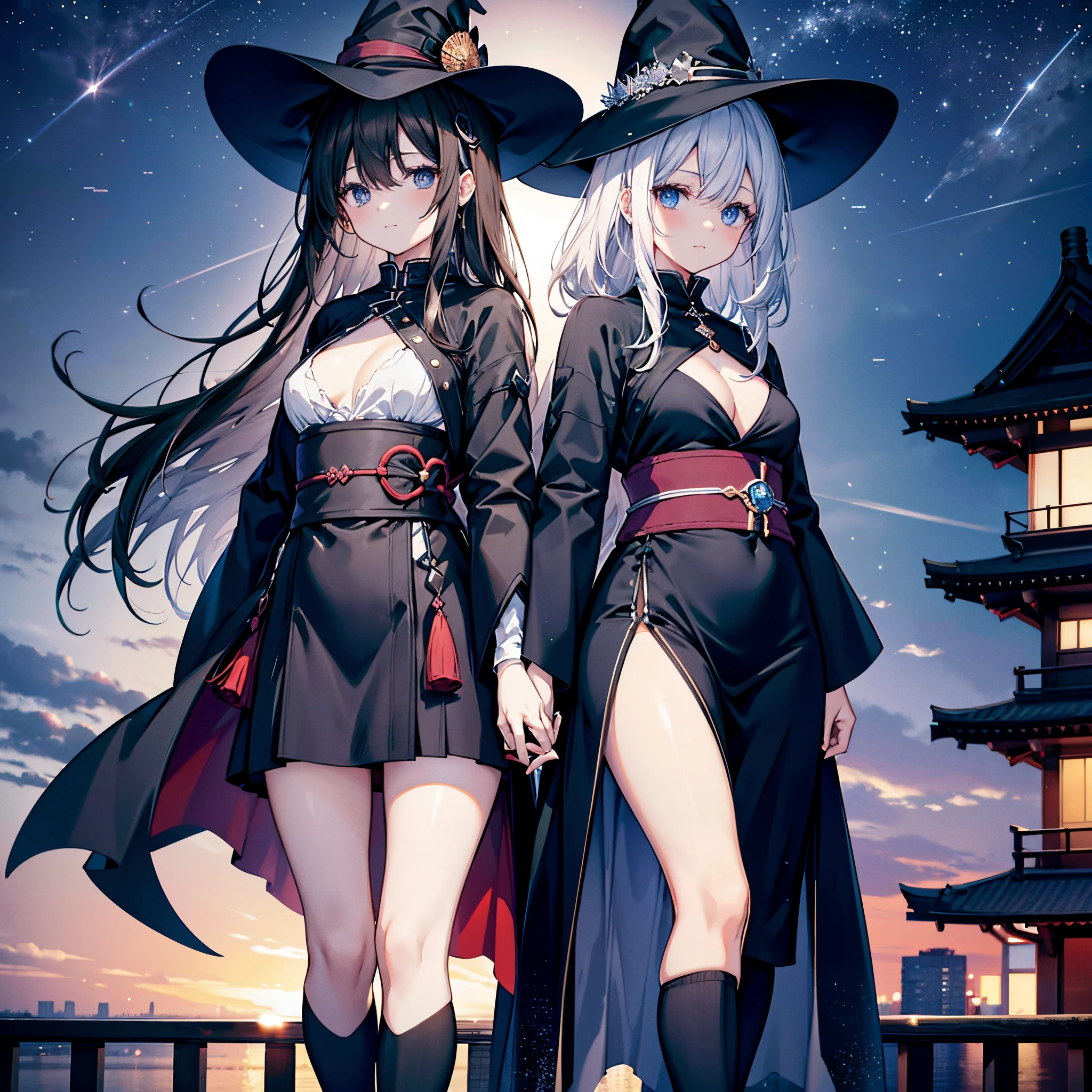 This is the rooftop of a building in Tokyo.、You can see the night view of Tokyo and the lights of Tokyo's port in the background.、I can see a meteor shower、There are two adult women, A and B, leaning on a fence.、A is a woman with white hair wearing a large black witch hat with sapphire accessories、B is a woman with dark brown hair wearing a large black witch hat with garnet accessories、witch's hat、blue eyes、wearing a black coat、Black stockings、Black spats、Two-dimensional illustration、Japan Anime、drawn by Japanese ilastrator、high-level image quality、4K picture quality、High Quality、hight resolution、5 million pixels、high détails、beatiful backgrounds