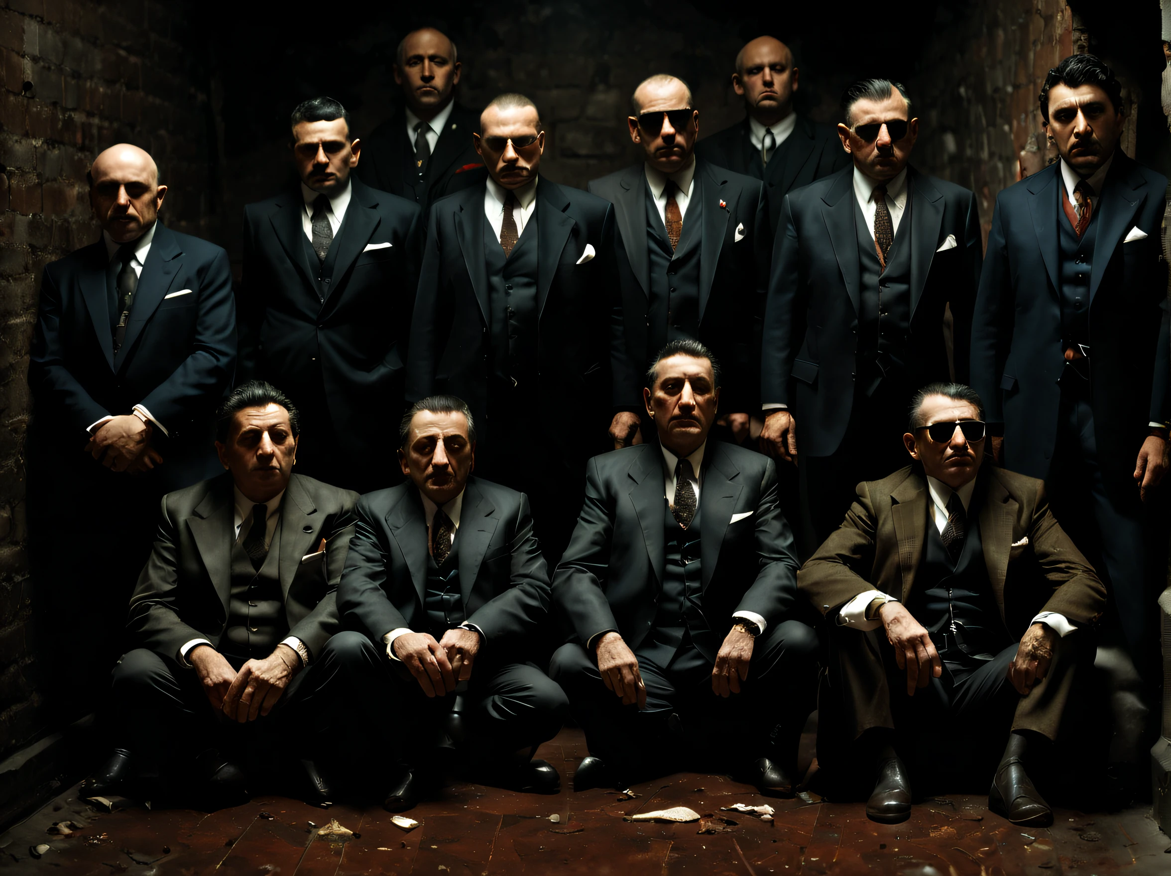 (8k, raw photo, ultra-detailed, masterpiece), ((italian mafia members who were shot down on the floor: 1.7)), wearing luxury suits, Italian male hair style, sunglasses, (dead bodies: 1.5)in the dark cellar stair, a light bulb is lighting up the basement. angry, violent, competition, negotiation, cinematic lighting, shot on wide angle lens