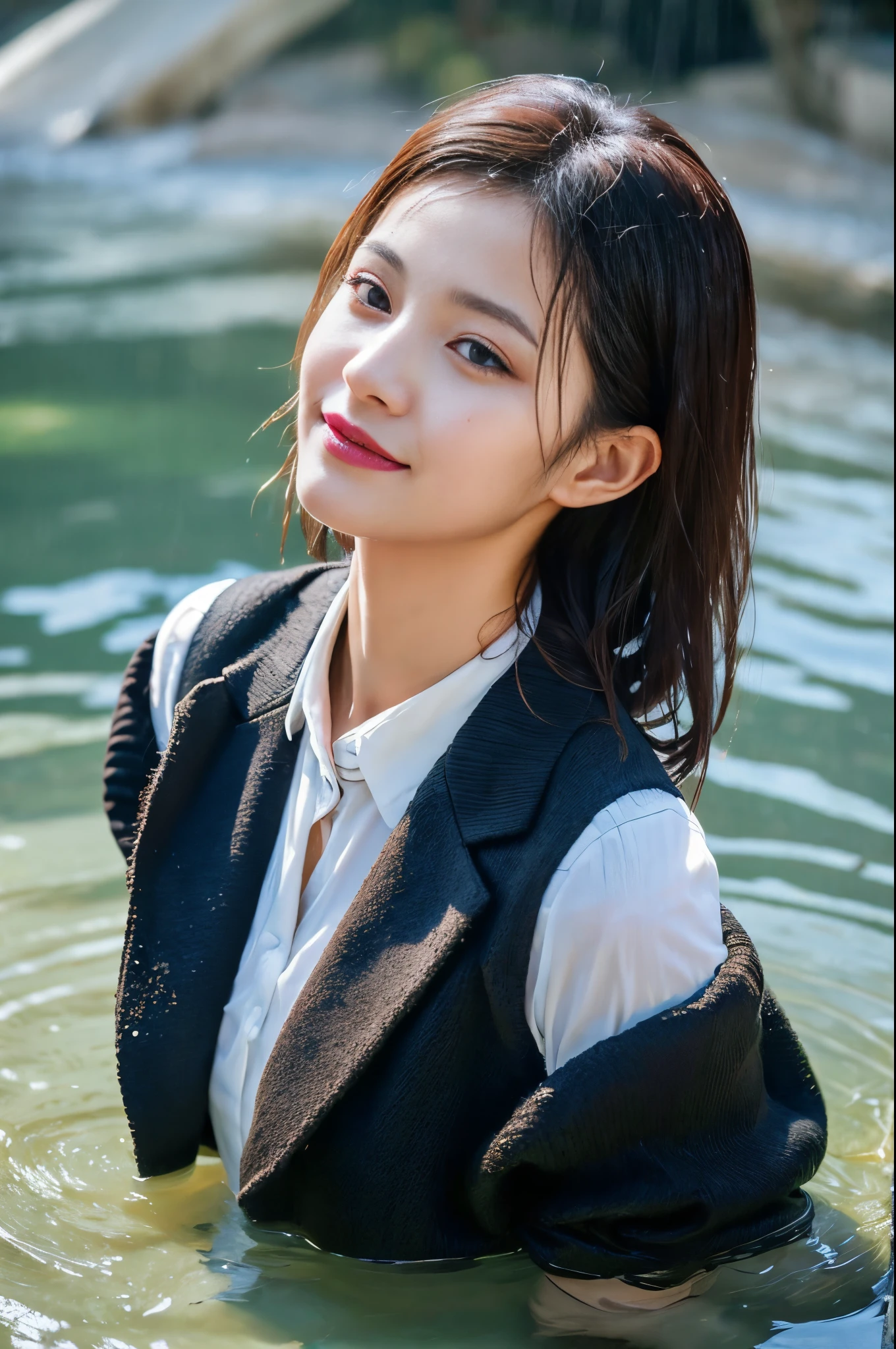 Korean woman in a business suit is sitting in the lagoon, dark woollen suit, white blouse, loose tie, dark woollen jacket, waistcoat, closeup fantasy with water magic, beautiful maiden, tight clothing, wet clothing, realistic oil painting, bright sunshine, dripping wet, in water up to her shoulders, beautiful realistic painting,  hyperrealist portrait in a river, fully clothed, cute shot, narrow depth of field, 8k,  drenched, ((soaked)), dripping water, dripping oil, heavy clothes, soaked in oil, wet all over, rouge lipstick, wet dripping hair, faint smile, looking at viewer