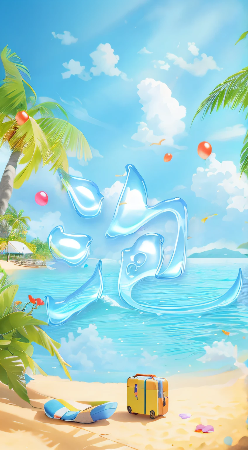 summer beaches、Red flowers、Suitcase and palm tree, blue lifebuoy,island background, tropical beach paradise, tropical background, breezy background, tropical ocean, Tropical paradise, beatiful background, tropical island, anime backgrounds, seaside backgroud, tropical mood, sea beach background, ornate backdrop, wonderful sea view, amazing background, beatiful background, Anime background art, Tropical beaches,tmasterpiece,the detail,trends in art station,beautiful light up,realistically,iintricate,Award-Awarded,4K,Best quality