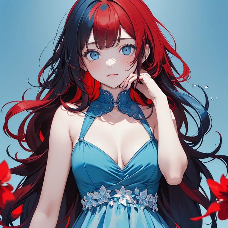 ((masterpiece、top-quality:1.5、a high chroma:1.5、ultra-detailliert、high-resolution illustrations:1.5、Ultra-high-definition CG、8k size wallpaper、offcial art))、(2girls、Twin sisters),(yuri),(cute face:1.5)、(clear face:1.3),(Shining eyes:1.5)
((Blue-only color scheme:1.5)), ((red-only color scheme:1.5)),(sexy body),(One is only red and the other is only blue),(princess dress),(), ((medium breasts))、
,(The background is a triple structure of bright colors, flowers, water, and light)、