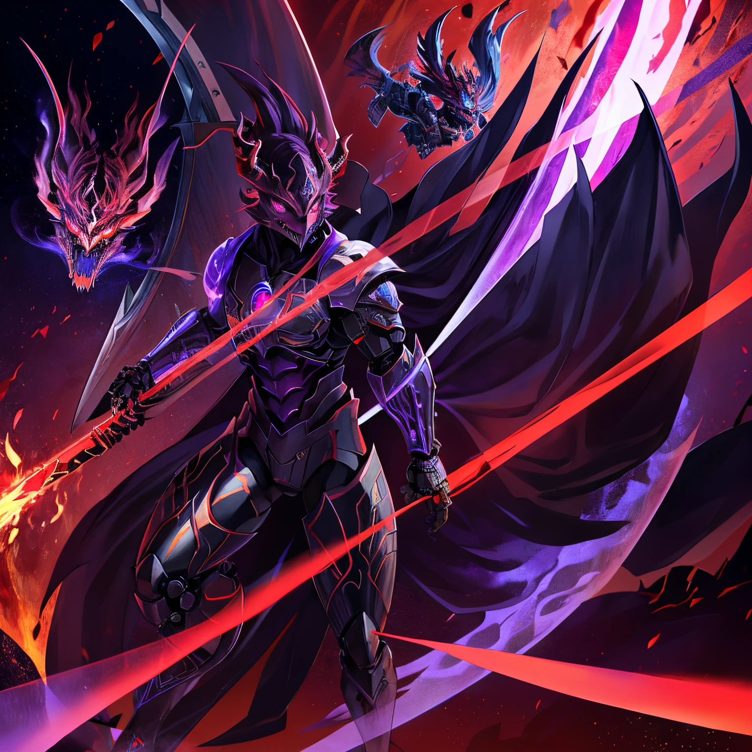 Male Cybernetic Demon, purple glowing eyes, Showing fangs, black body, red aura on arms, purple flames on legs, white ghostly fire Four greatswords, floating kitanas, greatswords, kanabos and tantos, dark aura, markings on eyes