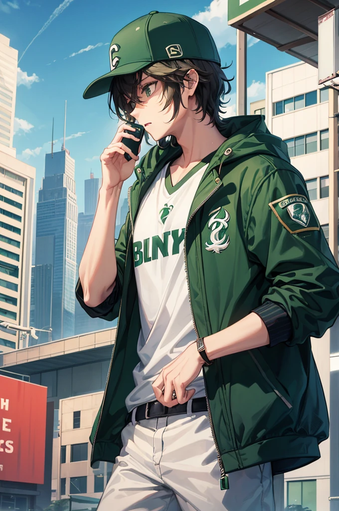 music cover with a man with green eyes and short wavy hair wearing a straight brim hat from the bucks basketball team wearing a green jacket floating in the air with a phone in his hand with a background of a city with people and buildings