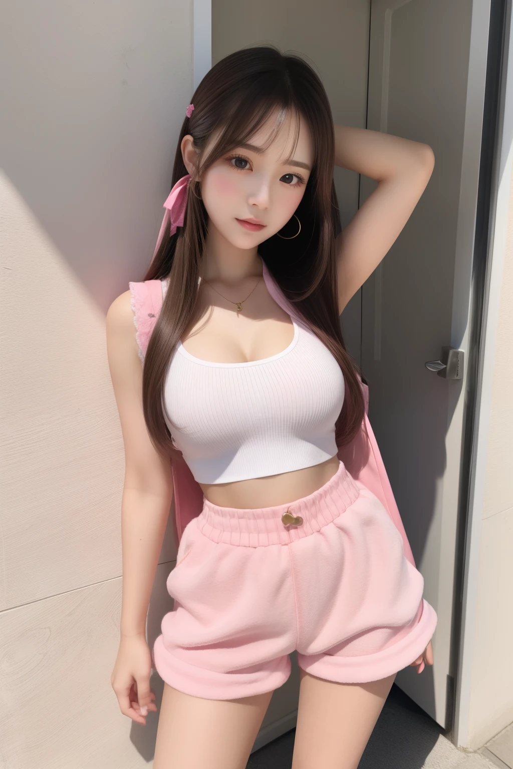 Kim Jennie with white brown hair, with curlers at the ends, with two bows on each side of the hair, all her white hair brown, with a star clip in her white brown hair, light colored eyes, Beautiful eyes, crying eyes, Beautiful, splash nose, watery nose, Beautifuls labios, pink lips, heart and cupid shaped lip, Beautiful skin, pale, White skin, with moles and freckles all over his face, soft pink blush on cheeks, natural pink blush, soft pink makeup, Jennie, Nice neck, marked collar, frown, tender look, with a kiss necklace, a Beautiful kiss necklace, similar a Yumeko Jabami, while wearing a short pole with the top raised, while the pole is raised, with short shorts, while having a  abdomen, showing off her navel and her slender waist, Delgado, marked and Beautiful, (, soft , Beautifuls pechos), while she cosplays the character Yumeko Jabami, The anime Kakegurui., looking to the camera