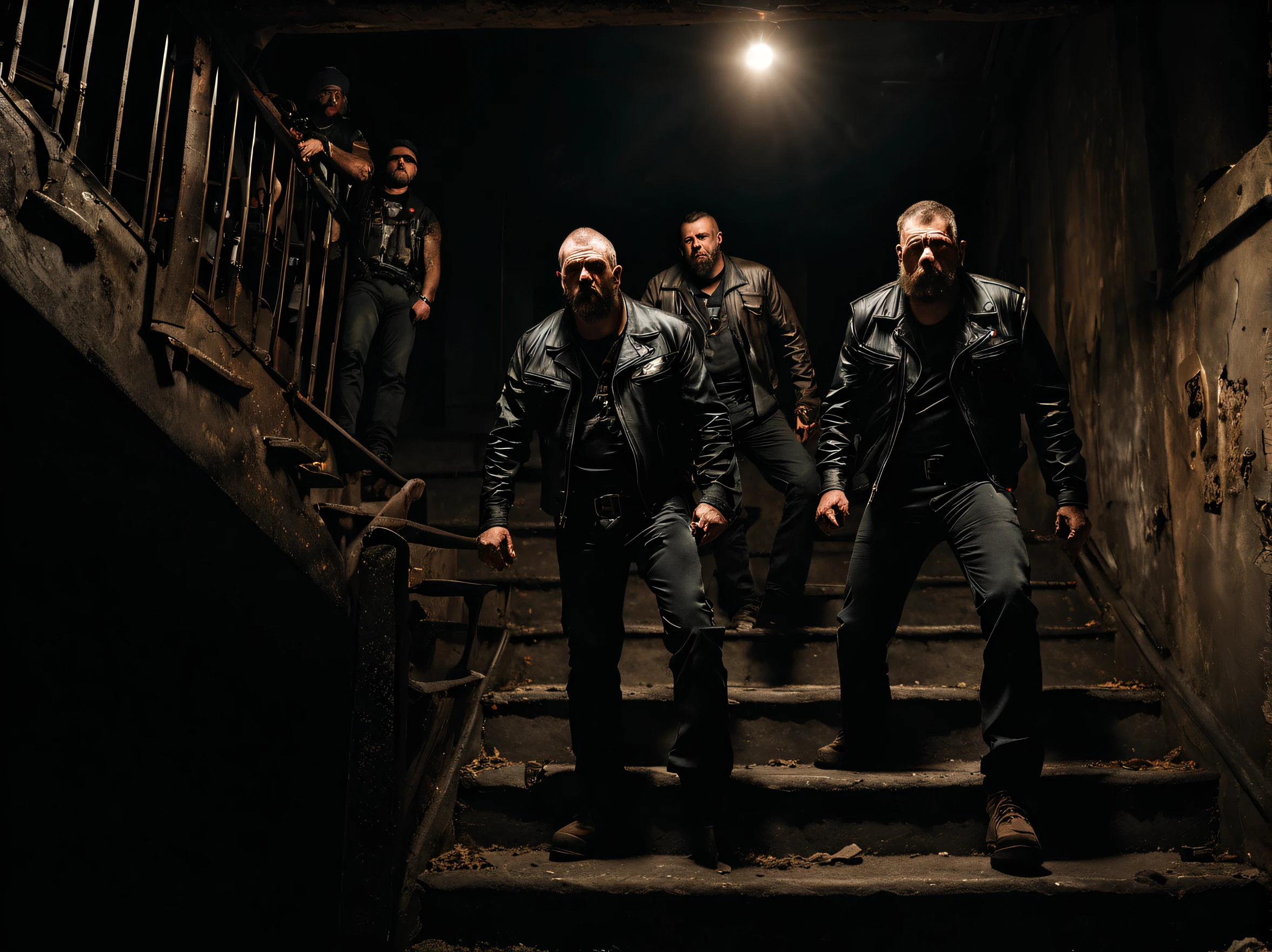 (8k, raw photo, ultra-detailed, masterpiece), the american biker gangs go up the stairs and out, in the dark cellar stairs, light enters through the open door, angry, violent, competition, negotiation, cinematic lighting, shot on wide angle lens