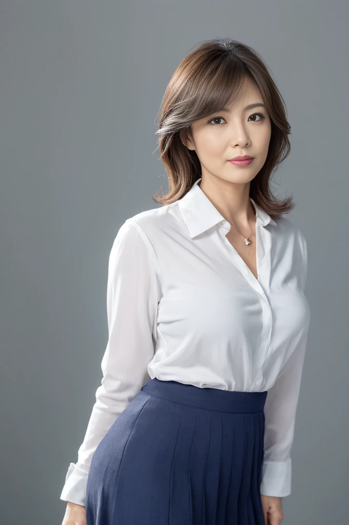 Pale solid color background,masutepiece, Best Quality, Photorealsitic, super detailed skin, Sharpen, Perfect Anatomy, Anatomy, japanese mature, 独奏, 45 yers old, Large breasts, Plump body, Keep your mouth tightly closed, Serious look,Female Teacher, glamor, A sexy, Chromo-white skin, erect through, From thigh to head, White blouses,Navy blue skirt, Staring at this, Looking at Viewer