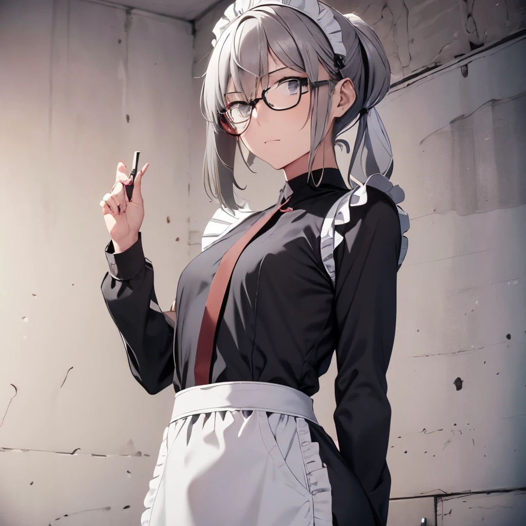 【Highest Quality, masutepiece】 [1 girl in, Manteau, expressioness, black eyes,glasses, sanpaku eyes,front facing,beauty blonde hair, Slender beauty,straight haired, long pony tail hair ,flat chest,] (Gray white background:1.7), no smile,Waitress apron, smoke a cigarette,