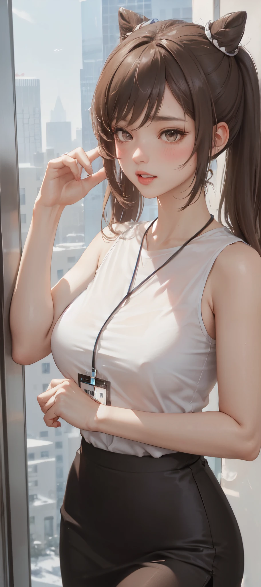 1lady standing, /(casual shirt/) (black pencil skirt:1.1) /(id card lanyard/), mature female, /(brown hair/), /(sleeveless/), bangs, moaning, lips apart, blush, sexy, (masterpiece best quality:1.2) delicate illustration ultra-detailed BREAK /(modern office indoors/), window skyscraper