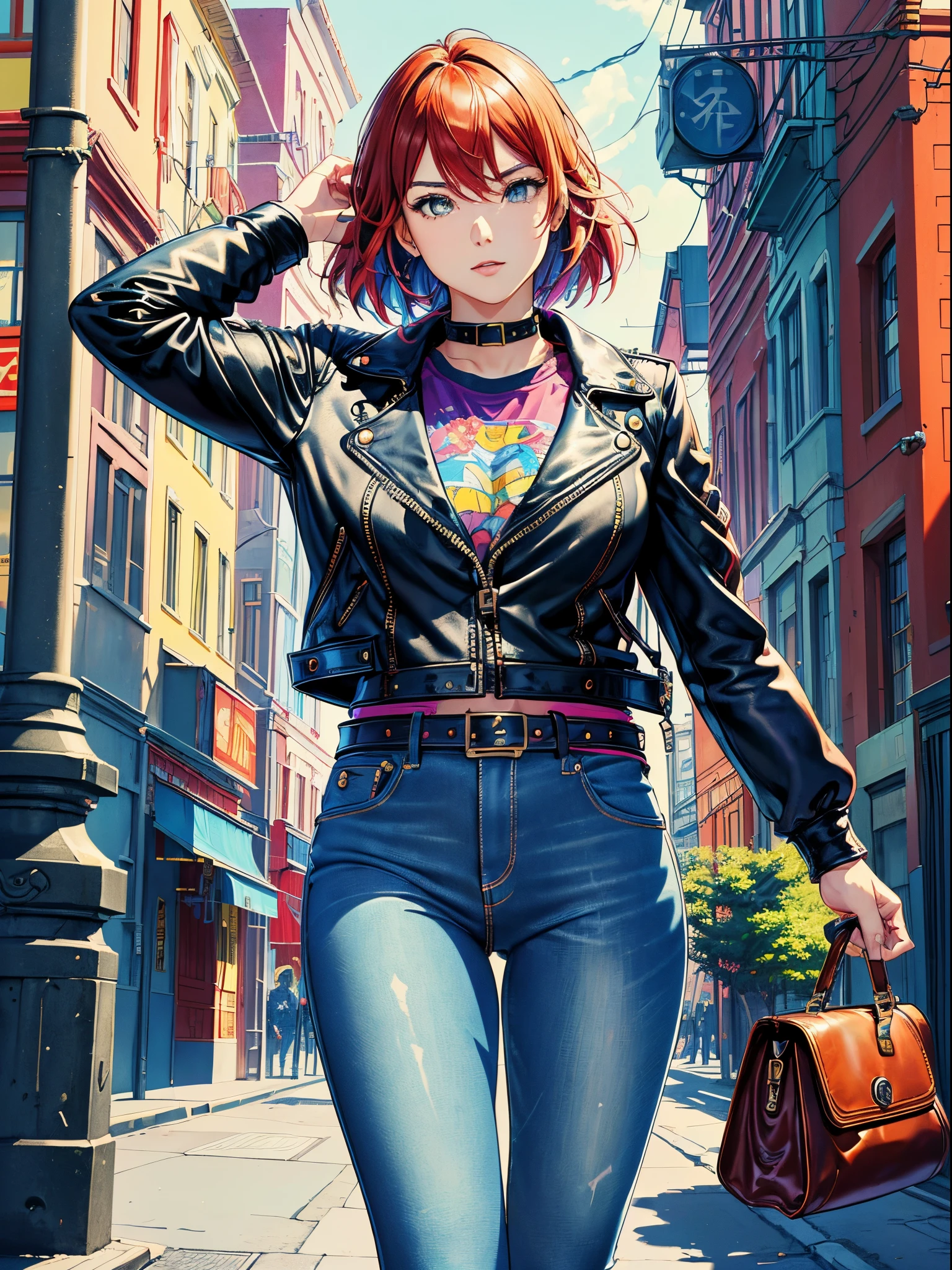 Vibrant colors、((masterpiece)))、(((top-quality)))、((ultra-detailliert))、(A hyper-realistic)、(highly detailed CGillustration)、Official art、CD cover、urban art district、It will be、Mid summer、Stylish、glorious 1980s、Cool Beauty、cochetti gorgeous、matchless beauty、multicolored hair、Rock 'n' Roller、leather jackets、Tight jeans、Female Solo、Perfect Angle、perfect-composition