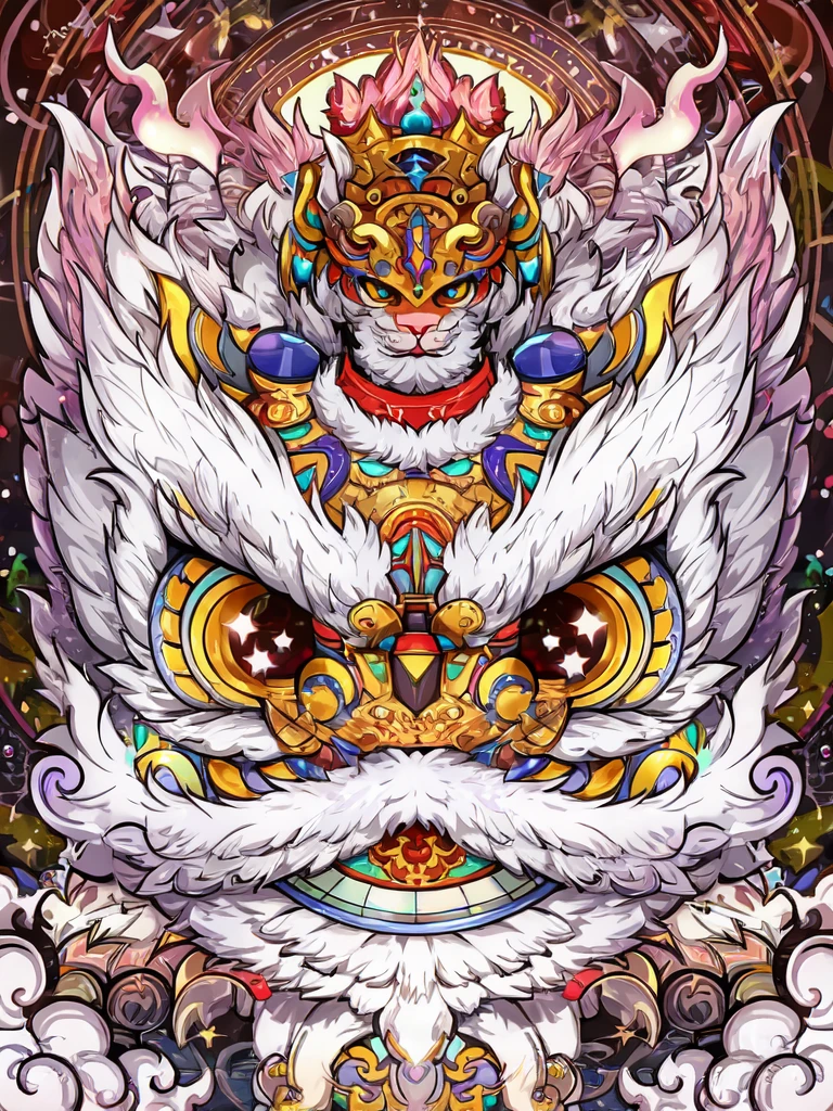 Drawing of a white cat with colorful head and wings, Highly detailed official artwork, Super detailed color art, galactic deity, super detailed color art, AI Art God King, detailed cosmic angelic robot, ultra detailed Digital art, psychological artwork, 对称!! concept-art, Complex and gorgeous anime CGI style, 对称!! portrait of akuma, ultra detailed Digital art