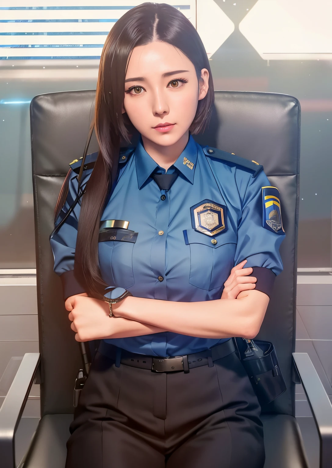 a woman short hair in a police uniform sitting on a chair, officer, security agent, wearing a police uniform, police officer, from girls frontline, marin kitagawa fanart, (sfw) safe for work, anya from spy x family, fine details. girls frontline, full body xianxia, police, pilot outfit, jk uniform, yayoi kasuma, official art