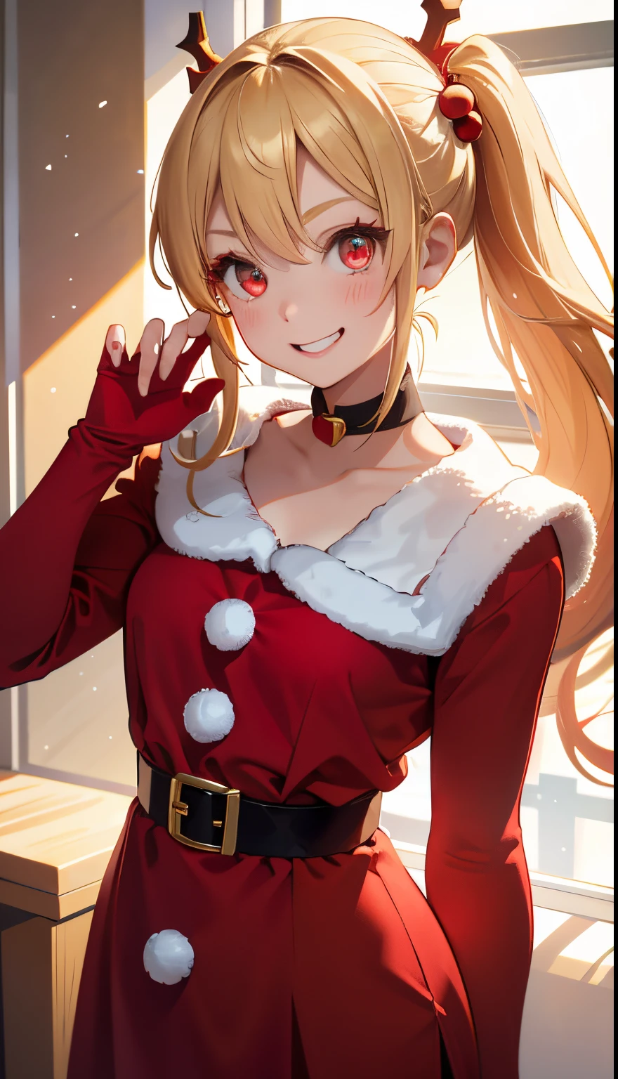 1girl in、a blond、Pony tail、Red Eyes、small tits、A smile、Laugh、Christmas、Dressed in Santa Claus costume、Colors based on red and green