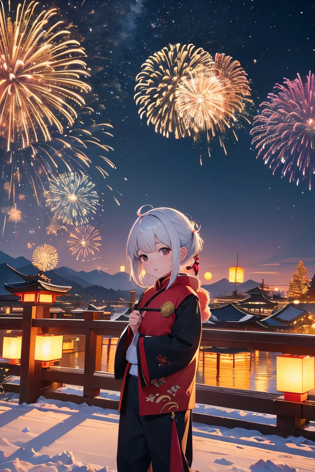 generate a scene，Meixuantu，A cute child in a Tang suit happily waving fireworks，There is a moon in the sky，moon full，rays of moonlight，Two-dimensional style，style of anime，Another kid holds fireworks in his hands，new year atmosphere，vibrant with colors，brightly，firecrackers，bustling，New Year's scene，城市，fire works，the night，lanterns，chinesedragon，starrysky，extreme light，Kong Ming lantern，Beautiful，dream magical，Chinese red，snow landscape，snowflower，Snowy mountains in the distance，yuki，Colorful fireworks，shinning，light dots，Chinese knot，couplets，big trees，Works of masters，high detal，High- sharpness