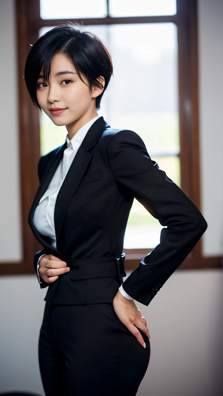 Best-quality, Masterpiece, Ultra-High-Resolution, (Photorealistic:1.4), Raw-Photo, Extremely-Details, Perfect-Anatomy, 

1girl, 15-years-old, the most popular Japanese idol, ((upturned ass wearing expensive suit's black pants):1.2), (wearing matching expensive black suit over white dress shirt), innocent smile, 

extremely cute face like a most famous Japanese idol, extremely beautiful big black solid circle eyes, ((extremely beautiful black short-cut-haired)), extremely beautiful skinny body, extremely beautiful breasts, extremely beautiful buttocks wearing expensive suit's pants, extremely beautiful skinny thighs, extremely beautiful realistic skins, 

detailed expensive black suit, detailed white dress shirt