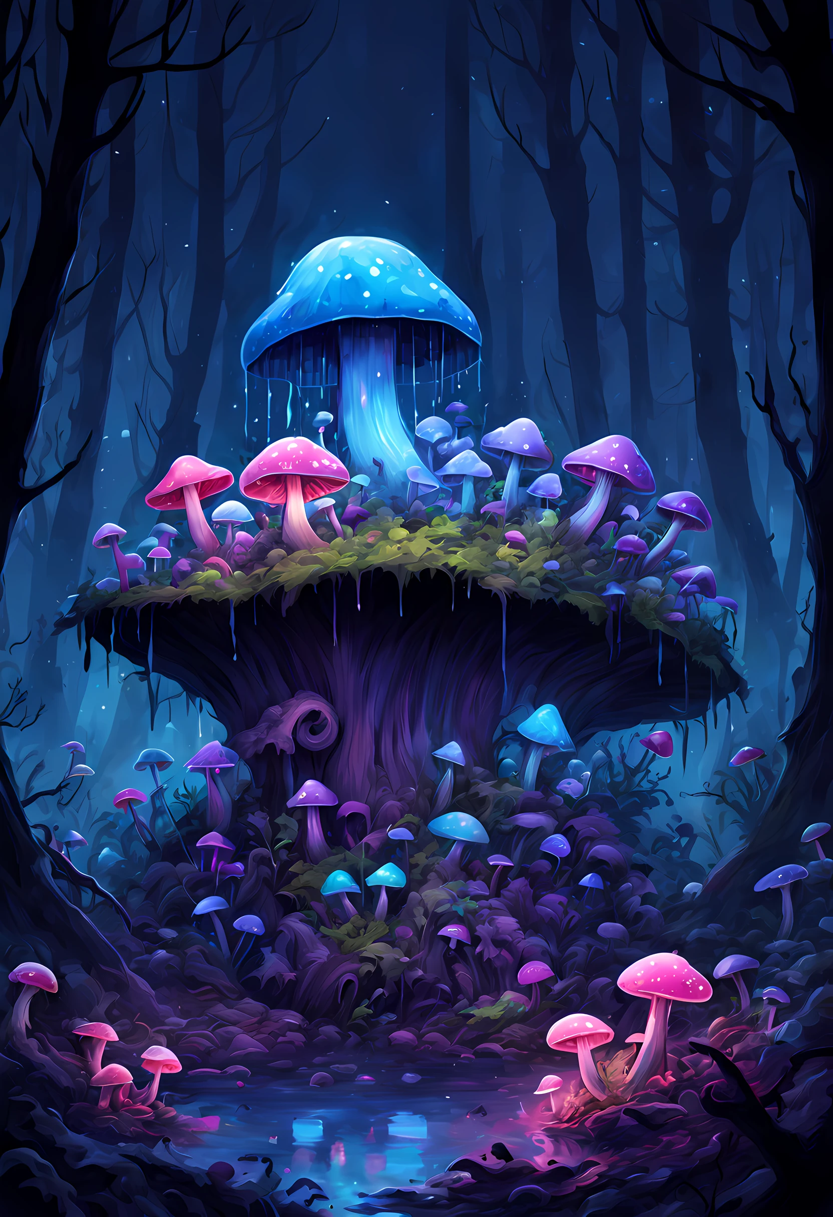 hundred fireflies, bioluminescent mushrooms, glowing mushrooms, (a baby goblin sleeping), foggy, misty, digital illustration, little to no light, darkness, the color palate of dark pink, light purple, navy blue, dark brown, and Bluebonnet, high contrast, mystical, a dead rotten log, night, poison dripping, liquid dripping, slime, vibrant colors, fairy dust, lots of shadows, nightmares, eerie, absolute horror, dark and deep, shadows, extremely detailed, ultra-detailed, 4k, digital illustration, watercolor, Artstation, dynamic lighting, dynamic range