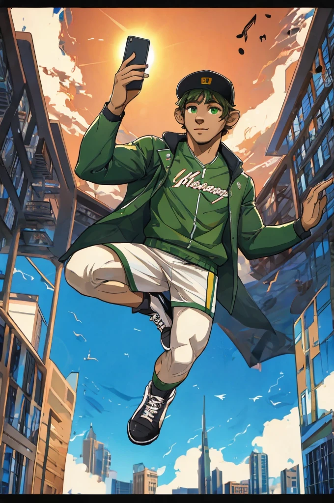 music cover with a man with green eyes and short wavy hair wearing a straight brim hat from the bucks basketball team wearing a green jacket floating in the air with a phone in his hand with a background of a city with people and buildings