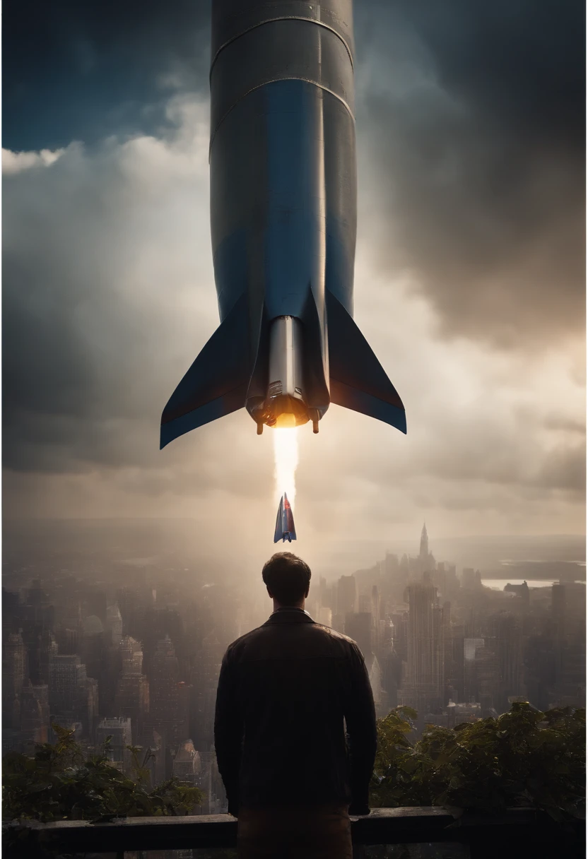 A flying Superman cradling a nuclear missile that has reached the atmosphere far above New York..、correct the trajectory、expel into space。