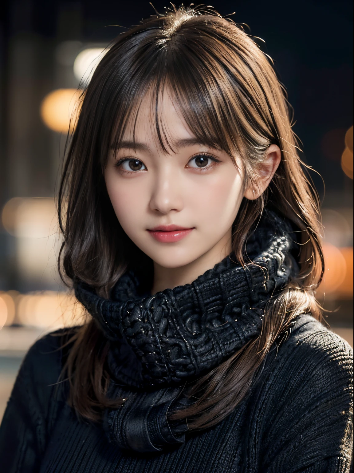 1 japanese girl,(Black sweater:1.4),(She wears a knitted snood around her neck to hide her chin...................:1.5), (Raw photo, Best Quality), (Realistic, Photorealsitic:1.4), masutepiece, extremely delicate and beautiful, Extremely detailed, 8k wallpaper, amazing, finely detail, extremely detailed CG Unity, hight resolution, Soft light, Beautiful detailed 25 years old, extremely detailed eye and face, beautiful detailed nose, Beautiful detailed eyes,Cinematic lighting,city light at night,Perfect Anatomy,Slender body,Smiling (hair messy, asymmetrical bangs, light brown hair,)