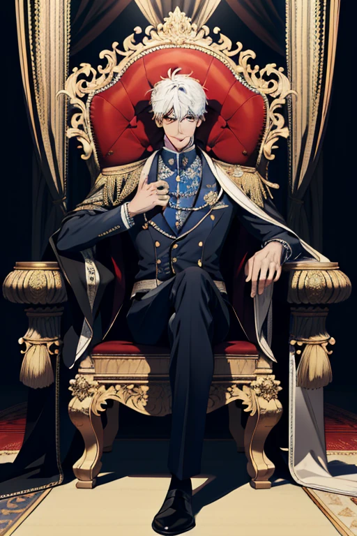 (absurd res, A high resolution, ultra - detailed), 1男性, AS-Adult, Handsome, Tall muscular man, a broad shouldered, Detailed eyes and detailed face, cabelos preto e longos, red eyes, Handsome, fanciful, Royal, Fantastic light and shadow, scenecy, magia, Magnificent background, a throne，Announce to the ministers（There is text in the picture）：&quot;Wait until I rule the world，May you be at home all over the world！？