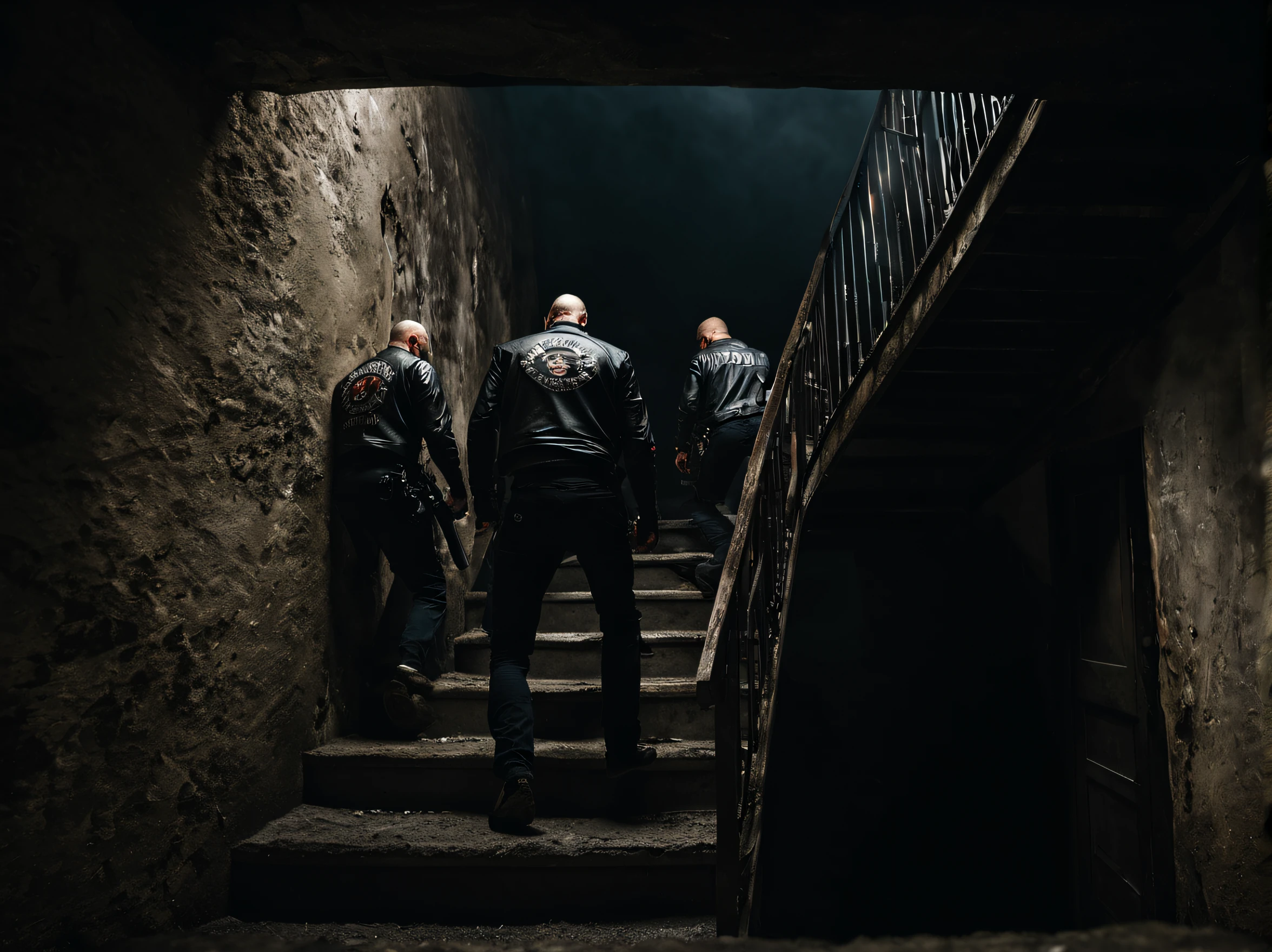 (8k, raw photo, ultra-detailed, masterpiece), the american biker gangs walking go up the stairs and out, in the dark cellar stairs, light enters through the open door, (back to camera: 1.5), anger, violence, competition, negotiation, cinematic lighting, shot on wide angle lens