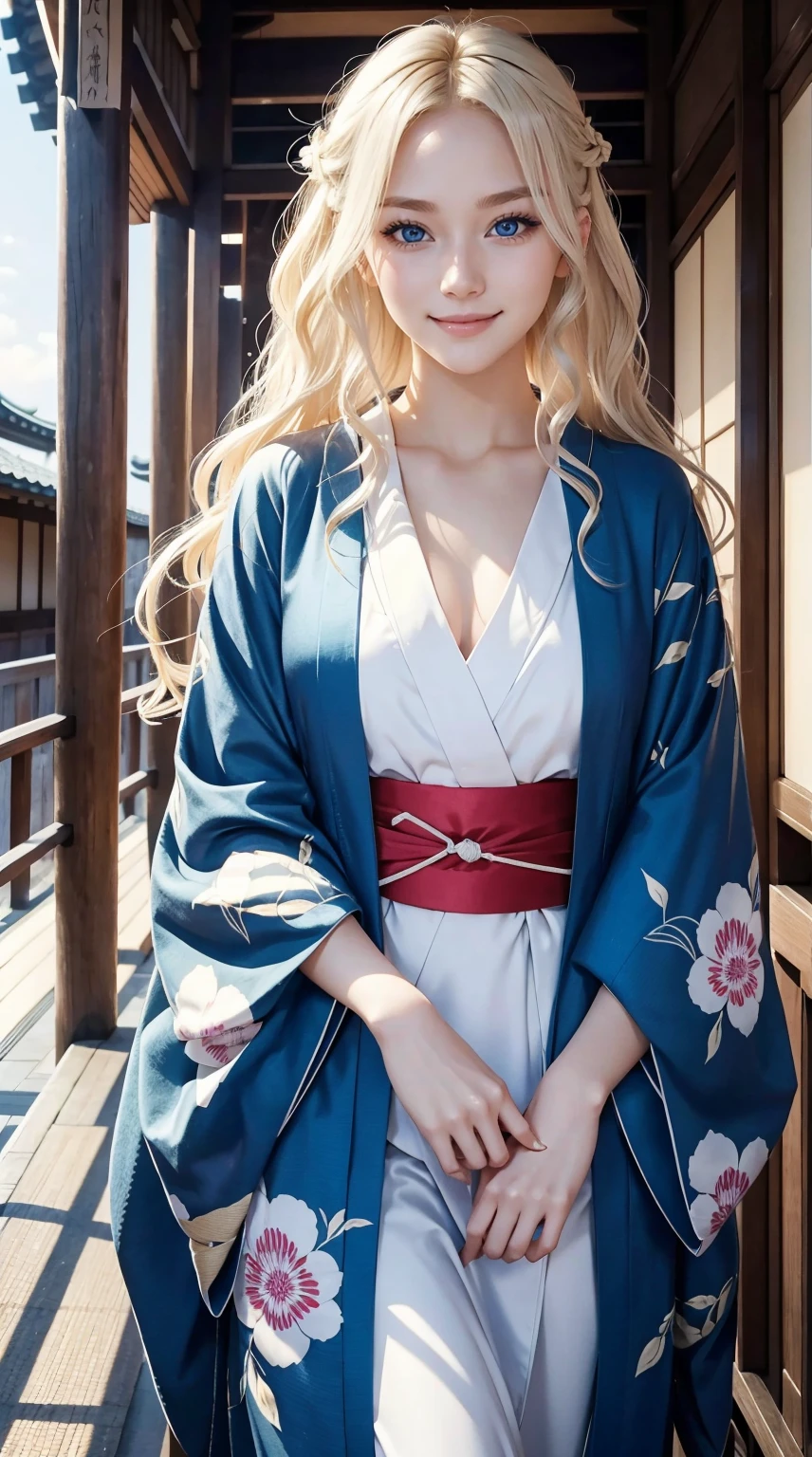 25-year-old Caucasian woman、platinum-blonde、blue eyess、Semi-long、My hair is wavy、a smile、I don't want my head to disappear from the screen.、Tying hair、wearing kimonos、standing in Kyoto