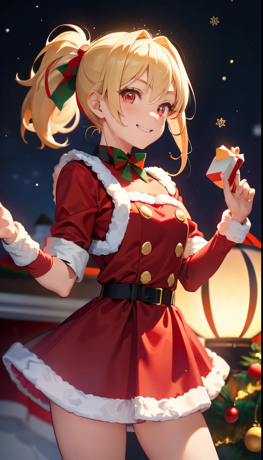1girl in、a blond、Pony tail、Red Eyes、small tits、A smile、Laugh、Christmas、Dressed in Santa Claus costume、Colors based on red and green