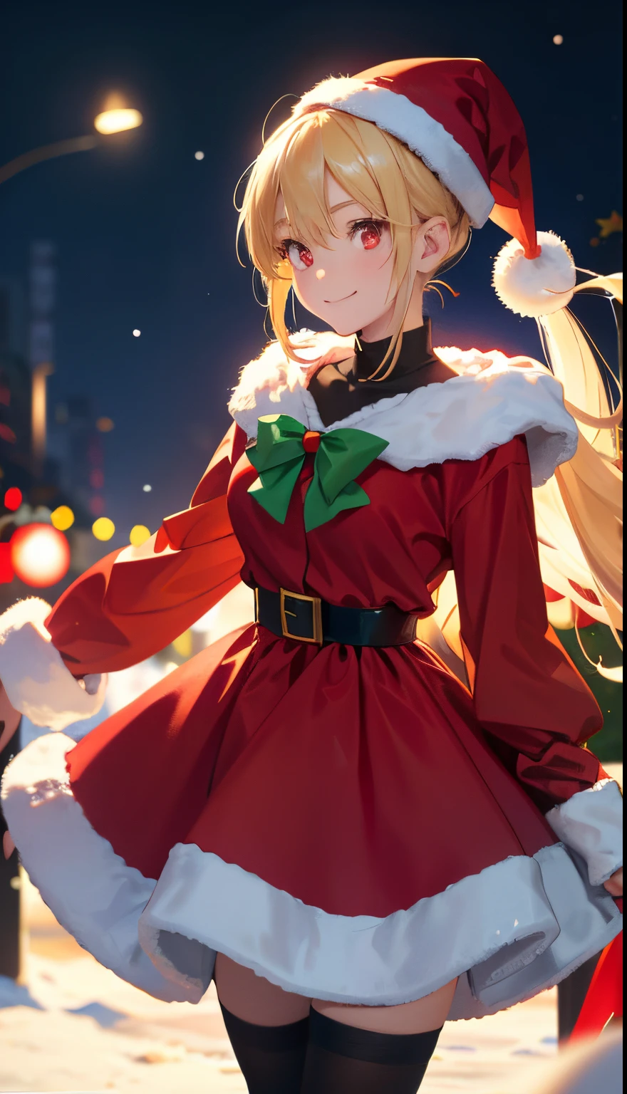 1girl in、a blond、Pony tail、Red Eyes、small tits、A smile、Laugh、Christmas、Dressed in Santa Claus costume、Colors based on red and green