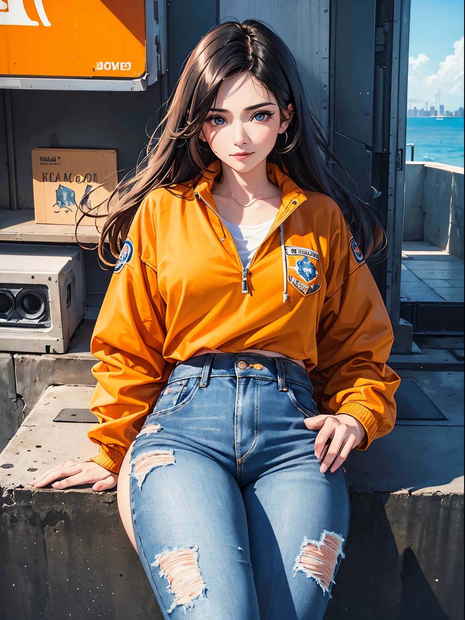 Orange and Indigo Keynote Speech、Vibrant colors、((masterpiece)))、(((top-quality)))、((ultra-detailliert))、(A hyper-realistic)、(highly detailed CGillustration)、Official art、CD cover、urbane、City Pop、Palm trees、seaside、Long Black Hair、It will be、Cool feeling、Mid summer、Stylish、glorious 1980s、Cool Beauty、cochetti gorgeous、matchless beauty、jaket、jeans、Female Solo、Perfect Angle、perfect-composition、Face Close-up