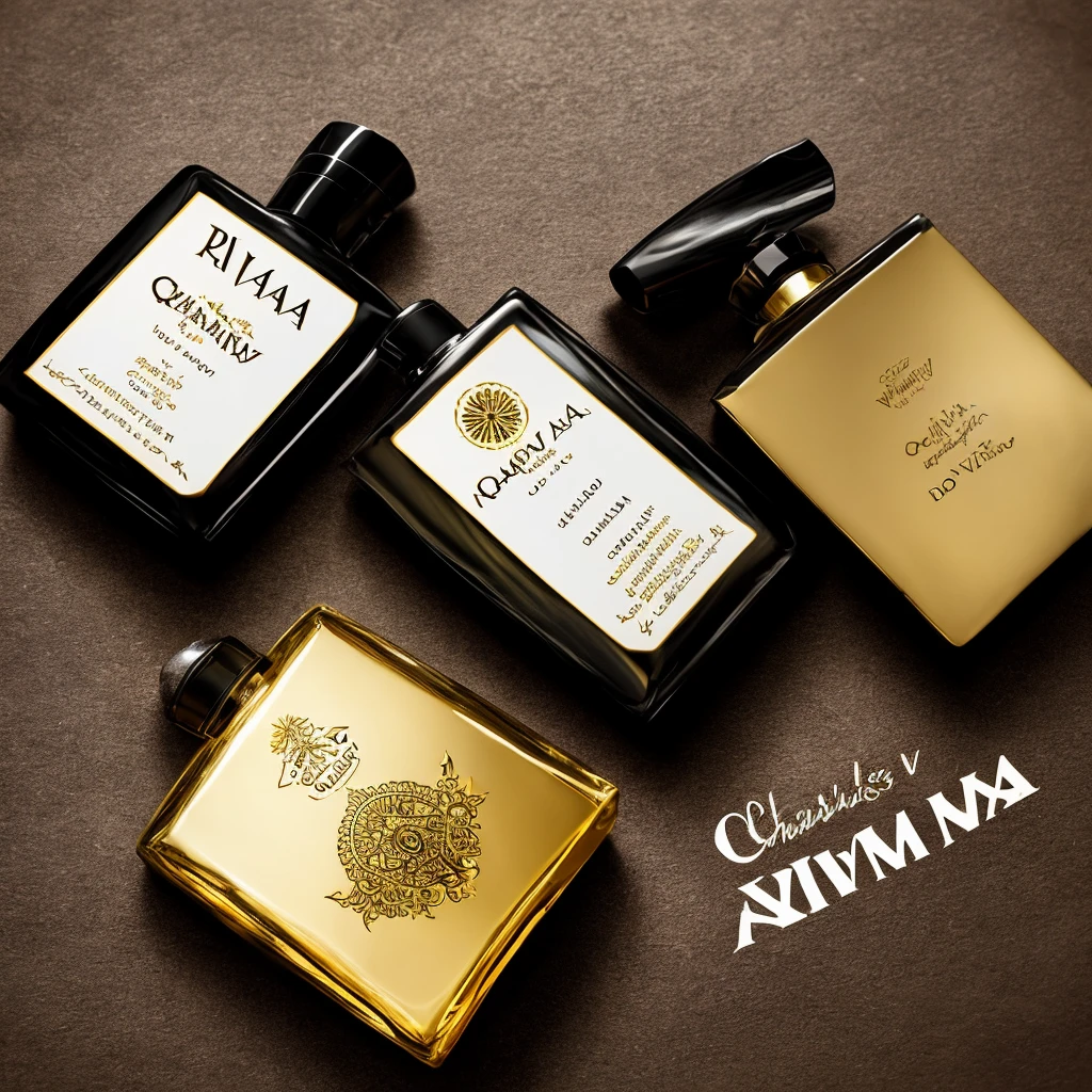 Perfume preto com o nome: "Aroma Viva" escrito em dourado. Em baixo do perfume quero escrito: Charles Victor