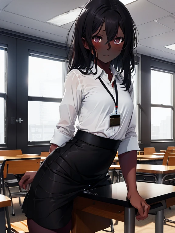 1lady, (dark skin:1.4), (small breasts:1.3), table humping, crotch rub, white shirt, black pencil skirt, office, white panties, skirt lift, lanyard, table, lifting, suggestive fluid, masterpiece, best quality, highly detailed