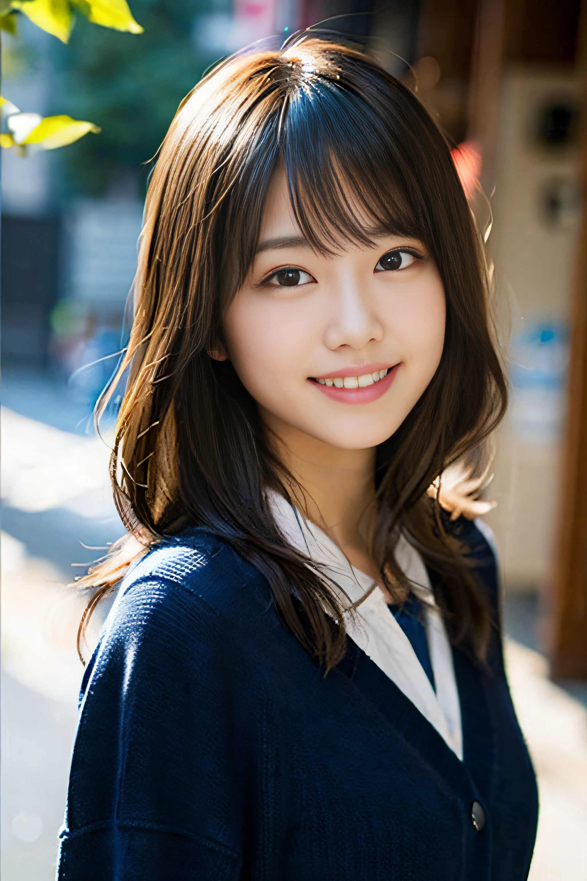 (8K、Raw photography、top-quality、masterpiece:1.2)、(realisitic、Photorealsitic:1.37)、ultra-detailliert、超A high resolution、1人、see the beholder、beautifull detailed face、A smile、Constriction、(Slim waist) :1.3)、Beautiful detailed skin、Skin Texture、Floating hair、Professional Lighting、Whole human body、Longhaire、a blond、japanese hight school uniform、hi-school girl、School route、First snow、、Red ribbons、Bob Hair、Happy smile、Childish smile、Suppin、Dark blue cardigan