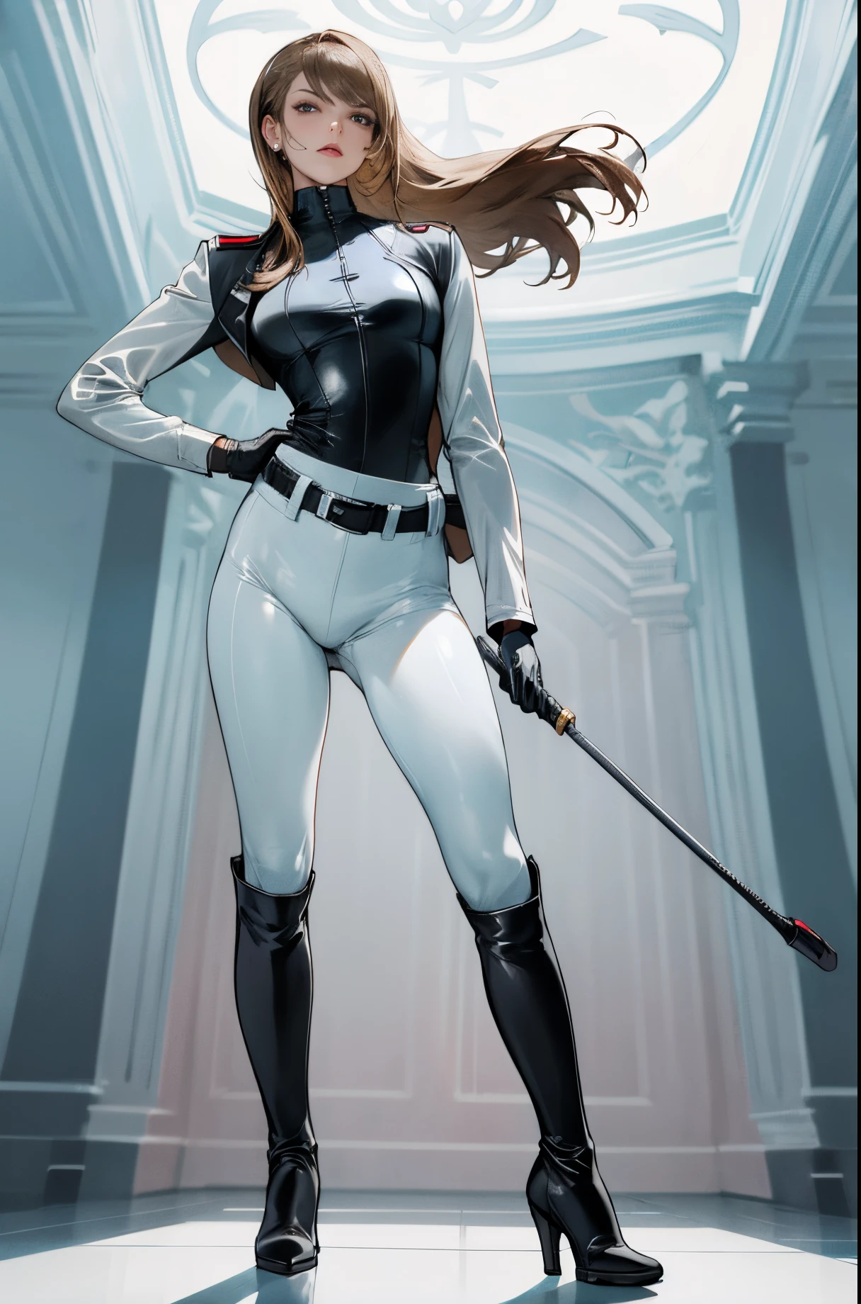 (highest resolution, distinct_image) best quality, a woman, solo, masterpiece, highly detailed, semi realistic, brown hair, bangs, 23 years old, (large breasts:0.5),mature, young, tall strong,(plain and simple uniform),( plain minimalist military uniform),(luxury hotel room background:1.2), cold, serious, tall, handsome, autocratic, powerful, demi-god, exquisite facial features, exquisite facial features, (full body)(black knee-high boots:1.4)(dominatrix:1)(white Yoga pants:1.3),(black leather gloves:1.5)(black active sportswear shirt),(samus),solo,1girl,(looking at viewer),(from below:1.1)(head turned upwards:0.3)(smiling:0.4)(bodysuit:0.1)(holding riding crop:1.2)(muscular:0.85),(black belt:1.3), (shirt tucked in pants),(standing on ground), (marble floor)(mean:0.4)(seductive:0.5)(evil:0.6),detailed,(tall face:0.25)(abs:0.6)(slender:0.5)(bdsm), (Pale eyes)