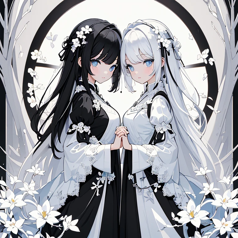 ((masterpiece、top-quality:1.5、a high chroma:1.5、ultra-detailliert、high-resolution illustrations:1.5、Ultra-high-definition CG、8k size wallpaper、offcial art))、(2girls、Twin sisters),(),(cute face:1.5)、(clear face:1.3),(Shining eyes:1.5)
((black-only color scheme:1.5)), ((white-only color scheme:1.5)),(sexy body),(One is only black and the other is only white),(princess dress),(), ((medium breasts))、
,(Light background colors、white blossoms、optic、Triple structure of black flowers,)、