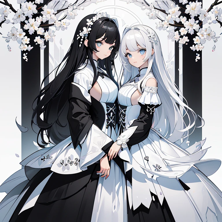 ((​masterpiece、top-quality:1.5、a high chroma:1.5、ultra-detailliert、high-resolution illustrations:1.5、Ultra-high-definition CG、8k size wallpaper、offcial art))、(2girls、Twin sisters),(),(cute face:1.5)、(clear face:1.3),(Shining eyes:1.5)
 ((black-only color scheme:1.5)), ((white-only color scheme:1.5)),(sexy body),(One is only black and the other is only white),(princess dress),(), ((medium breasts))、
,(Light background colors、white blossoms、optic、Triple structure of black flowers,)、