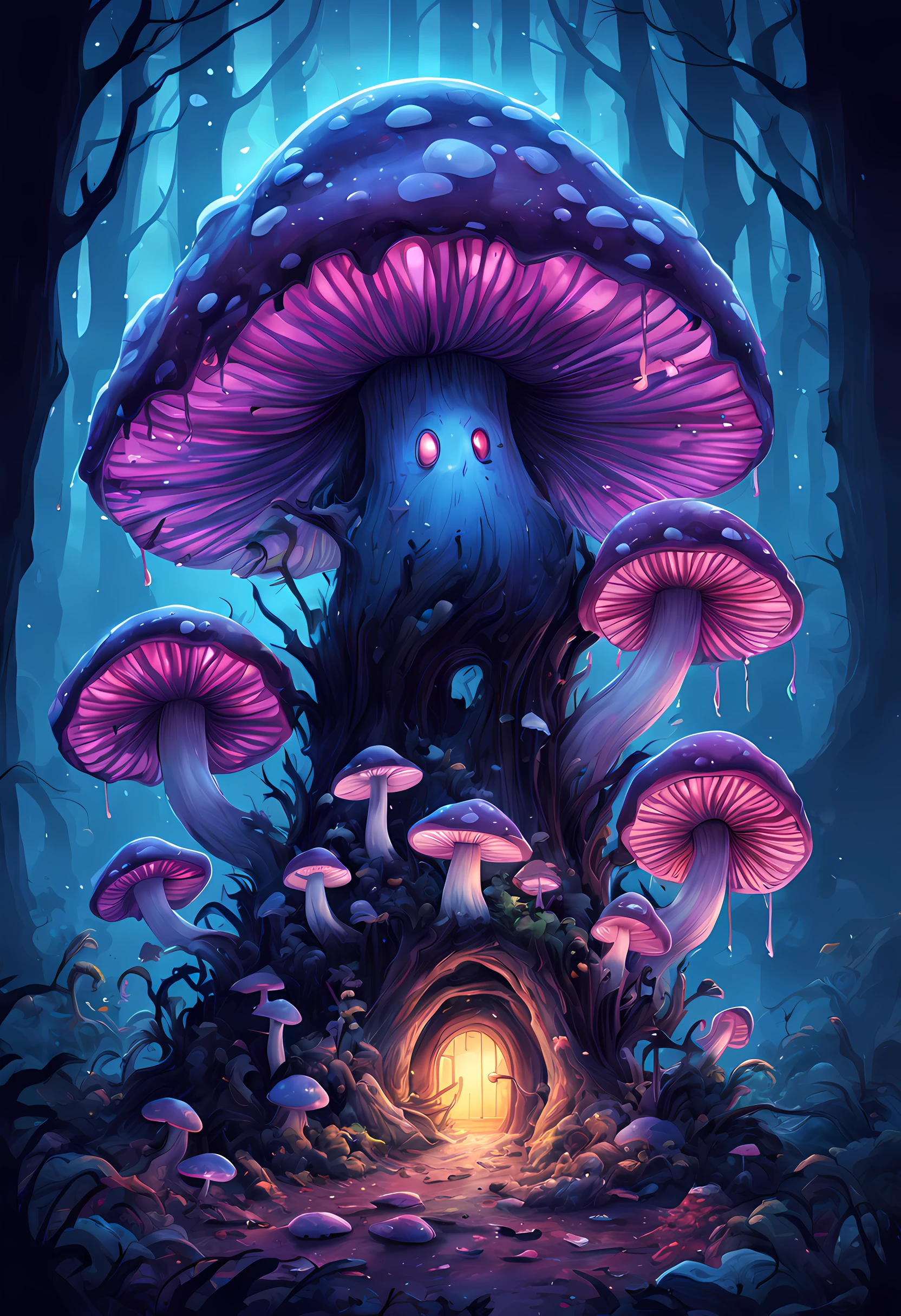 hundred fireflies, bioluminescent mushrooms, glowing mushrooms, (a baby goblin sleeping), foggy, misty, digital illustration, little to no light, darkness, the color palate of dark pink, light purple, navy blue, dark brown, and Bluebonnet, high contrast, mystical, a dead rotten log, night, poison dripping, liquid dripping, slime, vibrant colors, fairy dust, lots of shadows, nightmares, eerie, absolute horror, dark and deep, shadows, extremely detailed, ultra-detailed, 4k, digital illustration, watercolor, Artstation, dynamic lighting, dynamic range