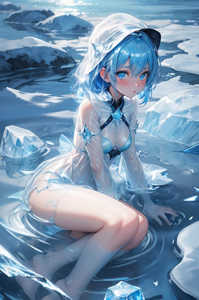blue girl, Wasser, ice, light