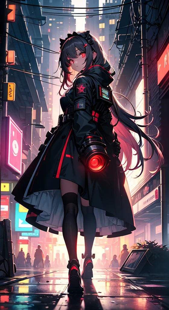 Night, colorful cyberpunk city background, rain, street, maid girl, loli, red long hair, red eyes, glowing eyes, black stockings, backlight, glow, looking at the audience, low angle lens, looking up lens, perfect composition, perfect light and shadow delicate, 8k