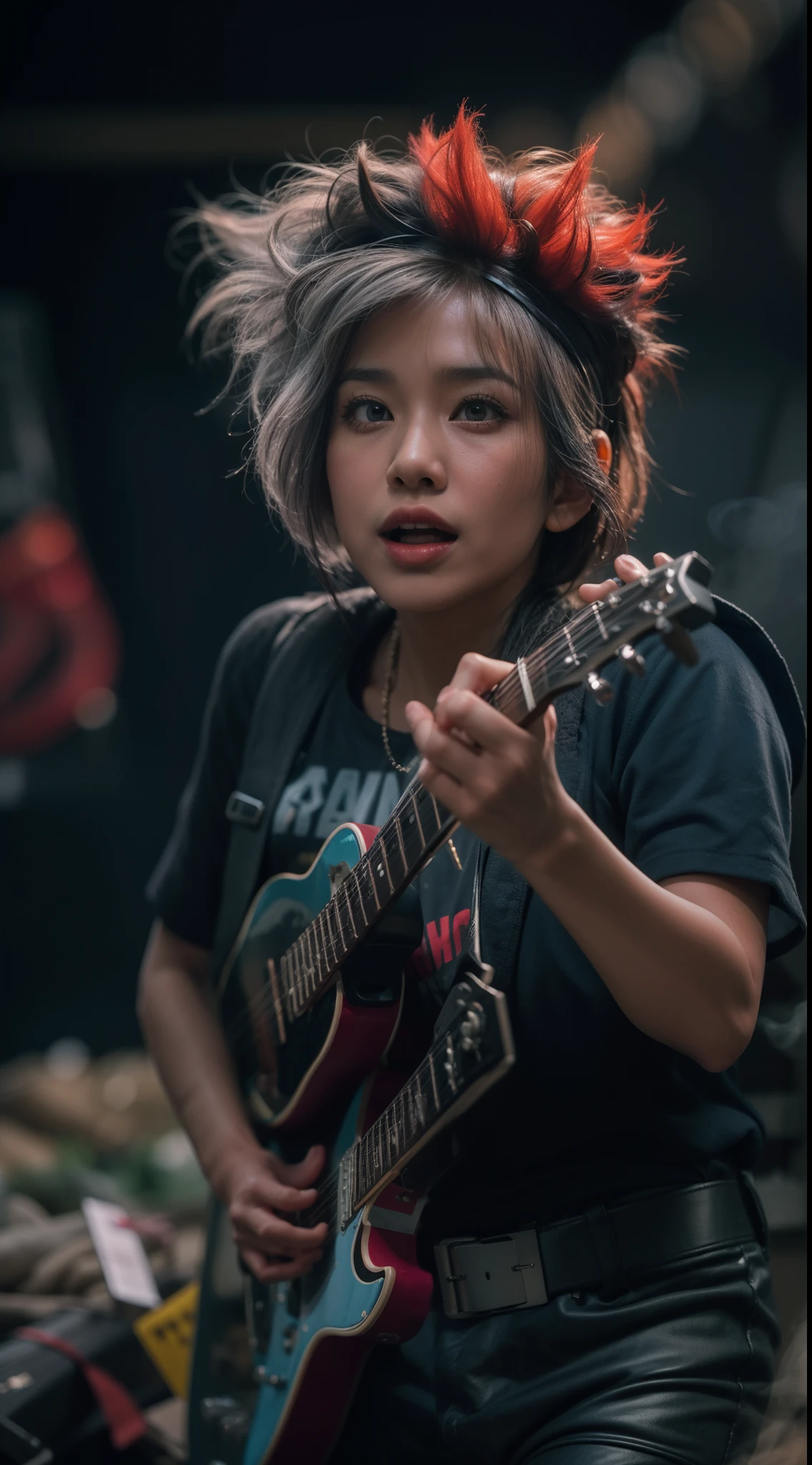a 70 years old malay women in super mario costume outfit with spiky colorful punk hair singing rock song in waste disposal site, night, serious face, nighttime, in school of rock movie style, hyper - realistic photography, dramatic effect, smoke effect in background, dark color grading, full body, 8k, close - up shot, extreme close - up photo