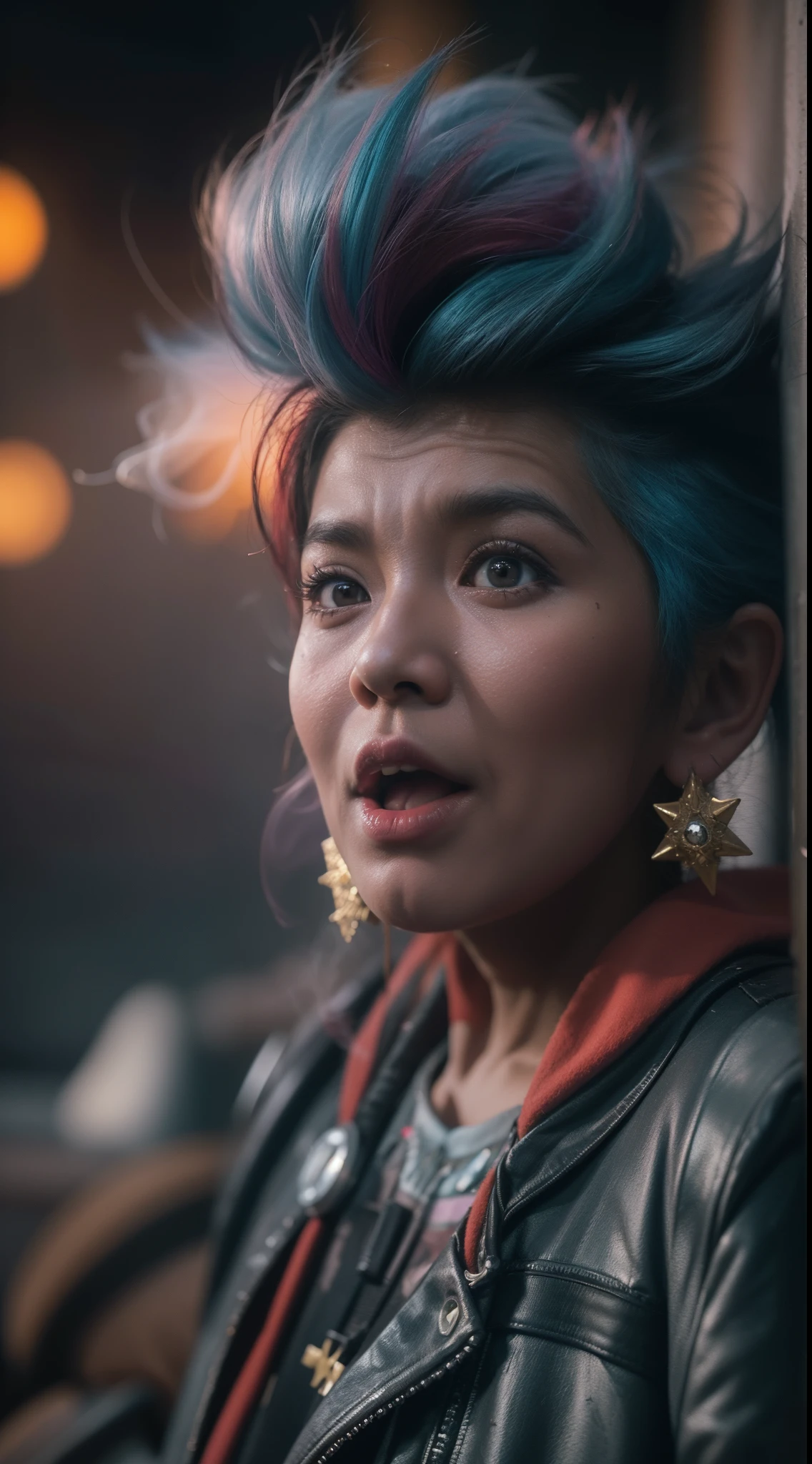a 70 years old malay women in super mario costume outfit with spiky colorful punk hair singing rock song in waste disposal site, night, serious face, nighttime, in school of rock movie style, hyper - realistic photography, dramatic effect, smoke effect in background, dark color grading, full body, 8k, close - up shot, extreme close - up photo