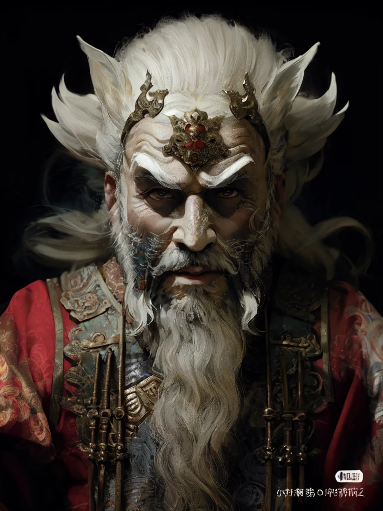 Close-up of a man with white beard and white face, hyper-detailed fantasy character, Inspired by Hu Zaobin, zbrush central selection, inspired by Wu Daozi, asura from chinese myth, Trending on zbrush Central, Zbrush art, ZBrush Central Competition Champion, Tengu mask, Qi Gong, japanese god