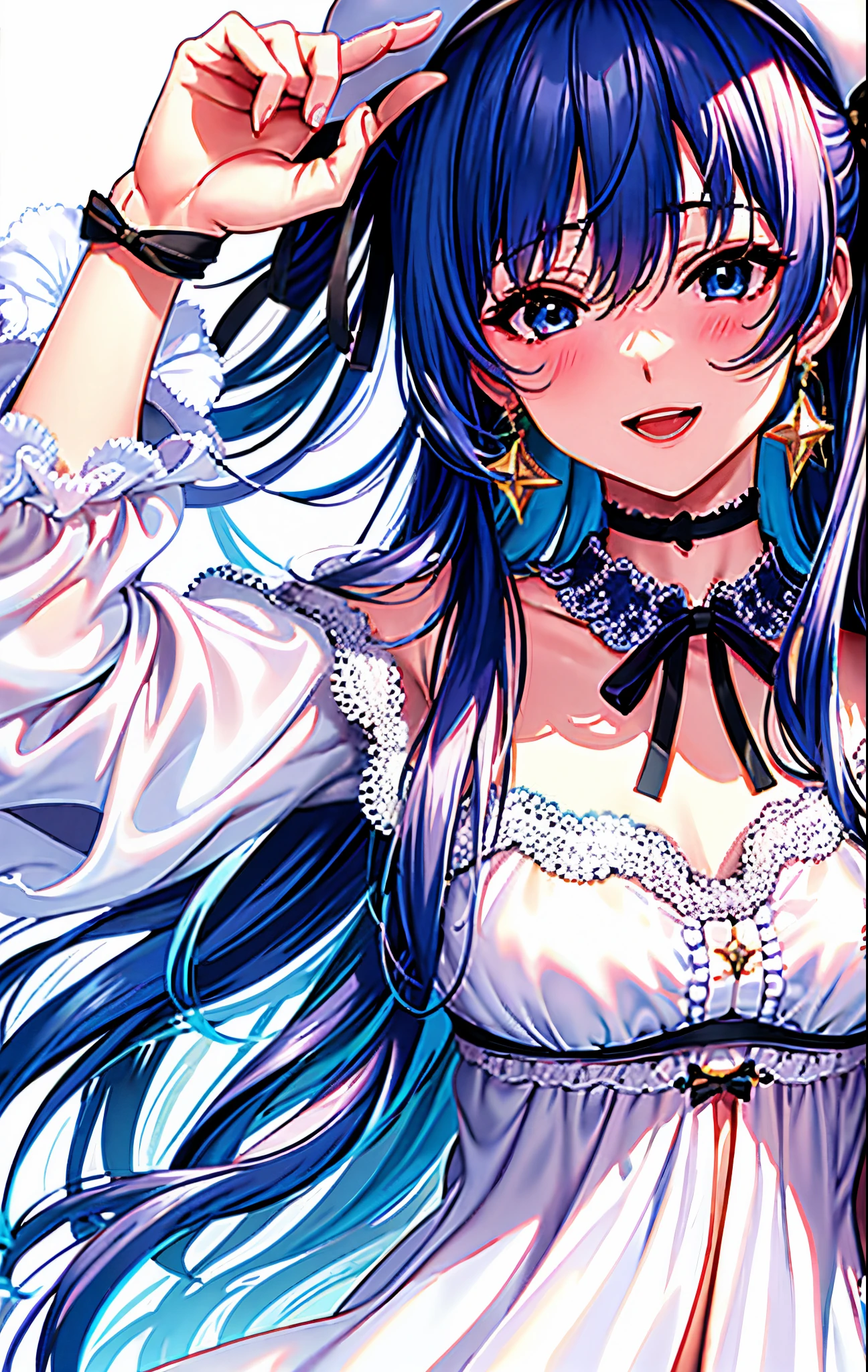 Top-quality、tmasterpiece、Very high resolution、super high image quality、High-quality pixels, 1girl, bangs, beret, black_headwear, blue_eyes, blue_hair, blush, bow, buttons, choker, earrings, eyebrows_visible_through_hair, fingernails, from_above, hair_between_eyes, hair_ribbon, hand_up, hat, hoshimachi_suisei, jacket, jewelry, lace, lace_trim, long_hair, long_sleeves, looking_at_viewer, nail_polish, neck_ribbon, off_shoulder, open_mouth, orange_legwear, purple_eyes, ribbon, shirt, simple_background, smile, solo, star_\(symbol\), star_in_eye, virtual_youtuber, white_background