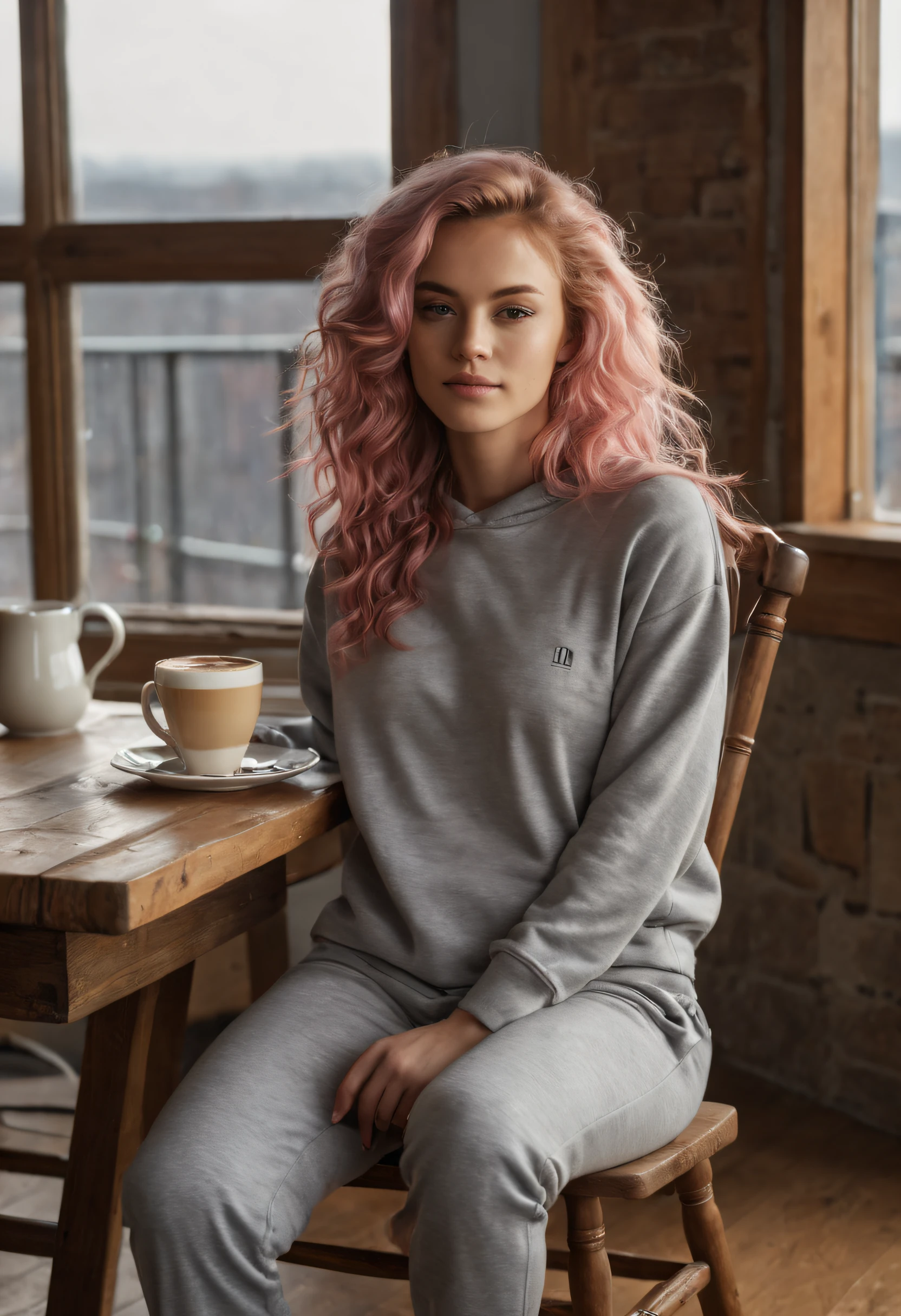 full body photo of a 25 y.o american woman, beautiful girl with long thick wavy pink hair, shiny skin free of imperfections, (in gray sweatshirt-like pajamas, sitting on a beautiful wooden chair, making breakfast, without make up, very natural, photo of cozy modern interior, sunlight, window, sunshine, fireplace lit in the background, smoke coffee on table, (1person in background)), film grain, UHD, masterpiece, anatomically correct, high details, textured skin, award winning, ultra realistic